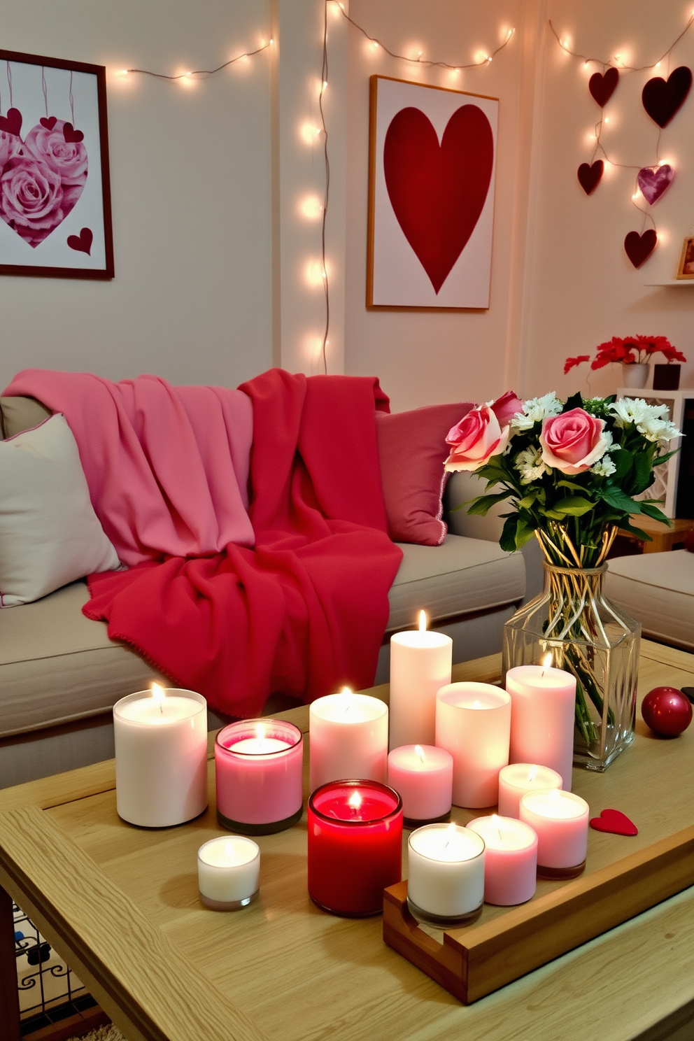 A cozy living room adorned for Valentine's Day features a plush sofa draped with soft throws in shades of pink and red. On the coffee table, an array of scented candles with romantic fragrances create a warm and inviting ambiance, their flickering flames casting a gentle glow. The walls are decorated with heart-themed artwork and string lights, adding a whimsical touch to the space. Fresh flowers in a vase complement the decor, enhancing the romantic atmosphere perfect for celebrating love.