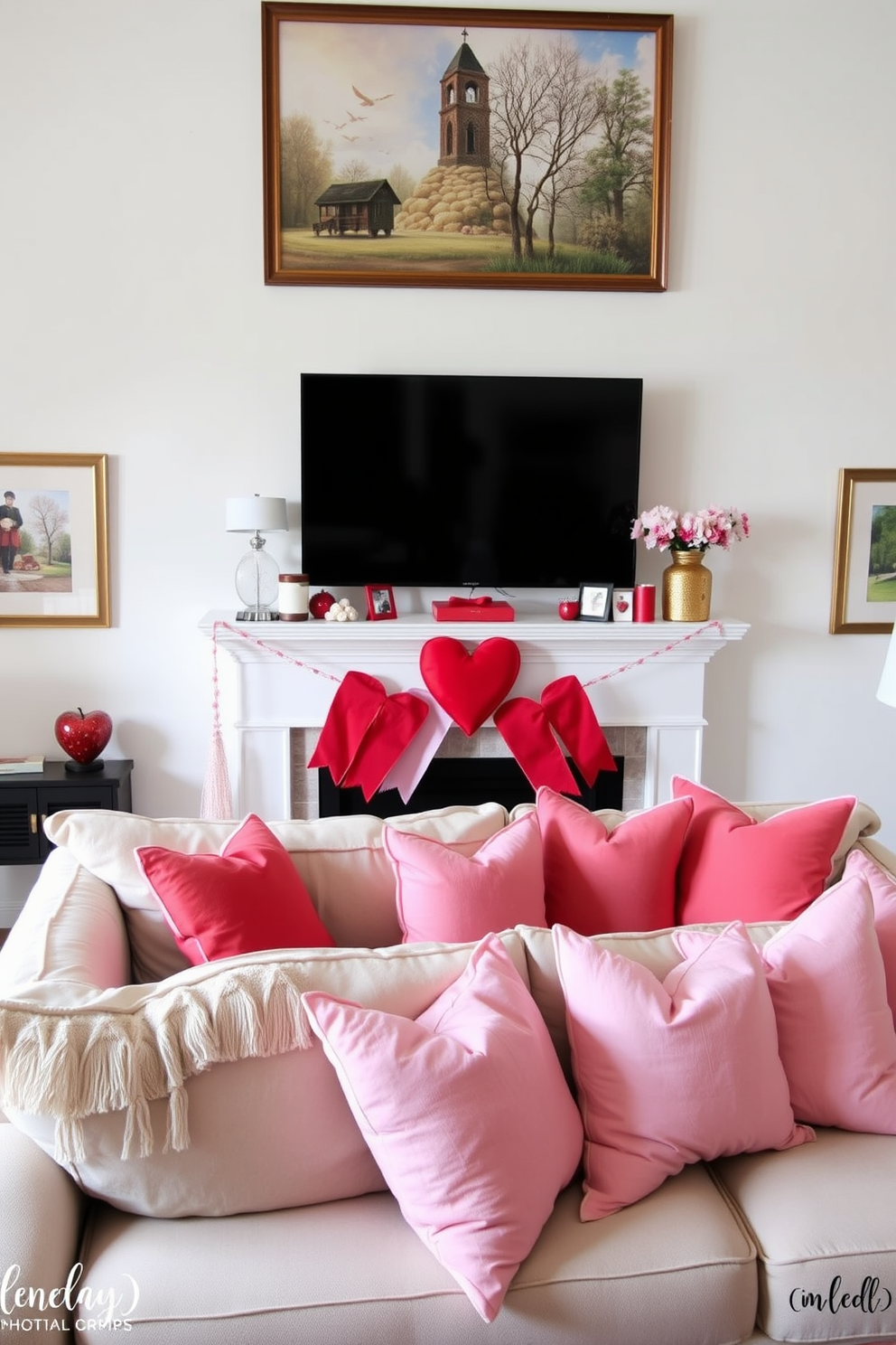 A cozy living room adorned with seasonal artwork transformed for Valentine's Day. Heart-themed decorations are placed on the mantle, and soft pink and red throw pillows are scattered across the sofa.