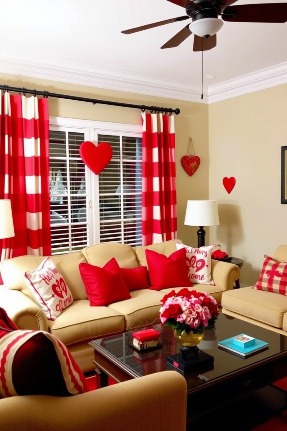 A cozy living room adorned for Valentine's Day features red and white striped curtains that add a vibrant pop of color to the space. The room is styled with heart-themed throw pillows on a plush sofa and a romantic centerpiece on the coffee table, creating an inviting atmosphere.