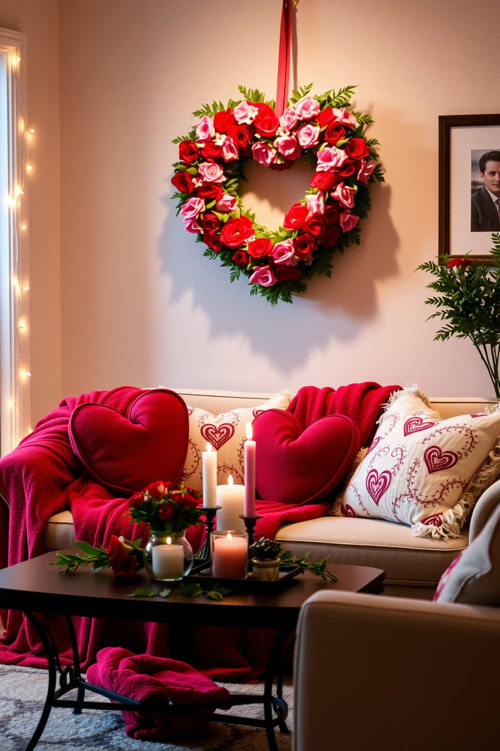 A heart-shaped wreath adorns the front door, crafted from lush greenery and vibrant red flowers. The wreath is accented with delicate ribbons that flow gracefully, welcoming guests with a touch of romance. Inside the living room, soft pink and red throw pillows are scattered across the sofa, creating a cozy and inviting atmosphere. A heart-themed centerpiece sits on the coffee table, surrounded by flickering candles that add warmth to the Valentine's Day decor.