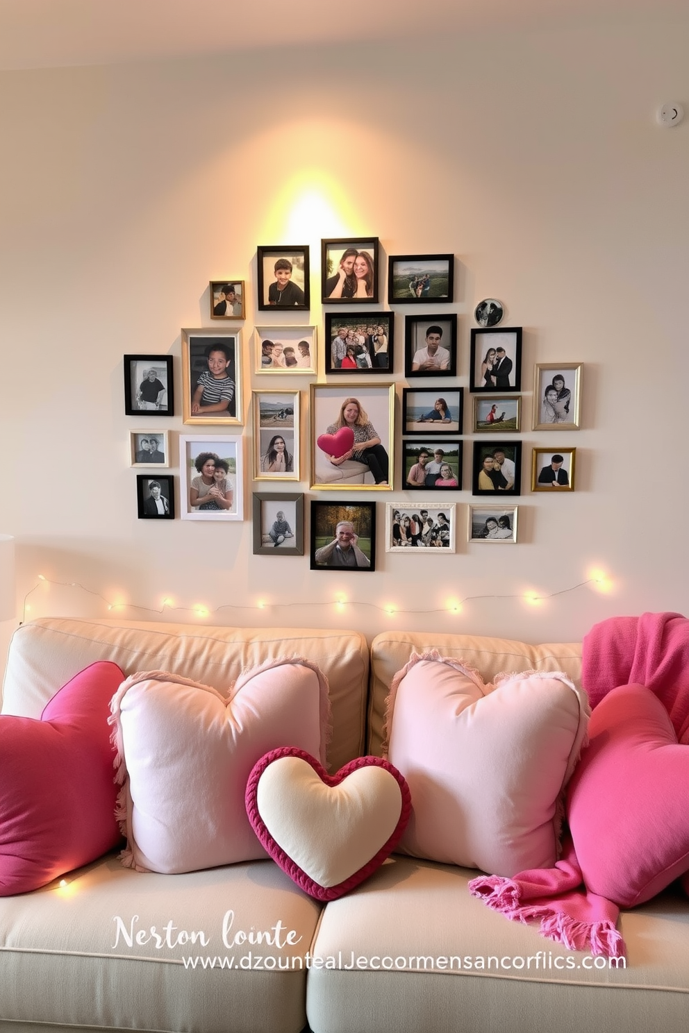 A personalized photo collage of memories displayed prominently in the living room. The collage features a mix of framed photos in various sizes, arranged artistically on a soft pastel wall. Valentines Day decorating ideas create a warm and inviting atmosphere. Heart-shaped cushions and soft pink throws adorn the sofa, while fairy lights add a romantic glow to the space.