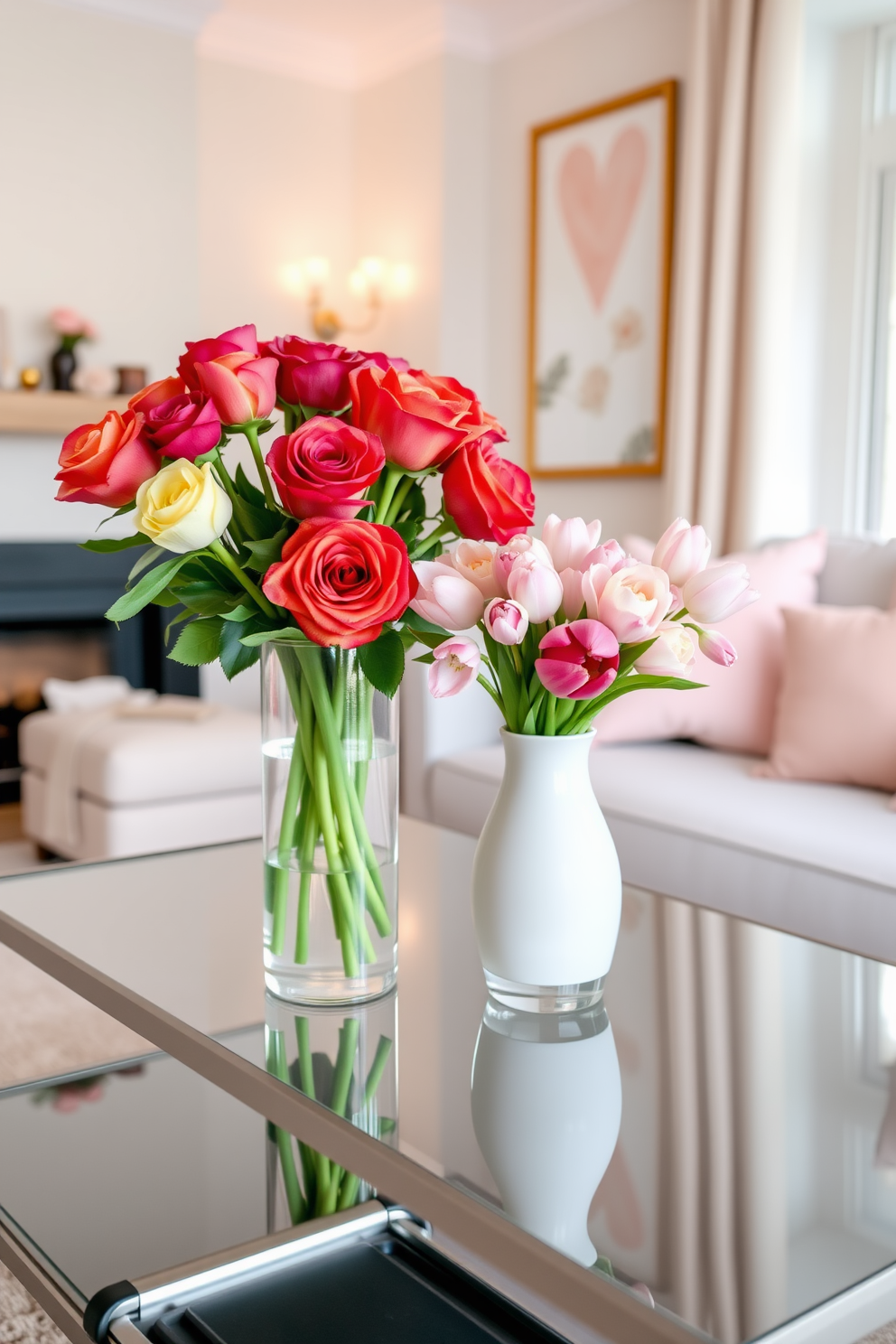 Chic vases filled with vibrant roses and delicate tulips sit elegantly on a sleek coffee table. The living room is adorned with soft pastel accents, creating a romantic atmosphere perfect for Valentine's Day celebrations.