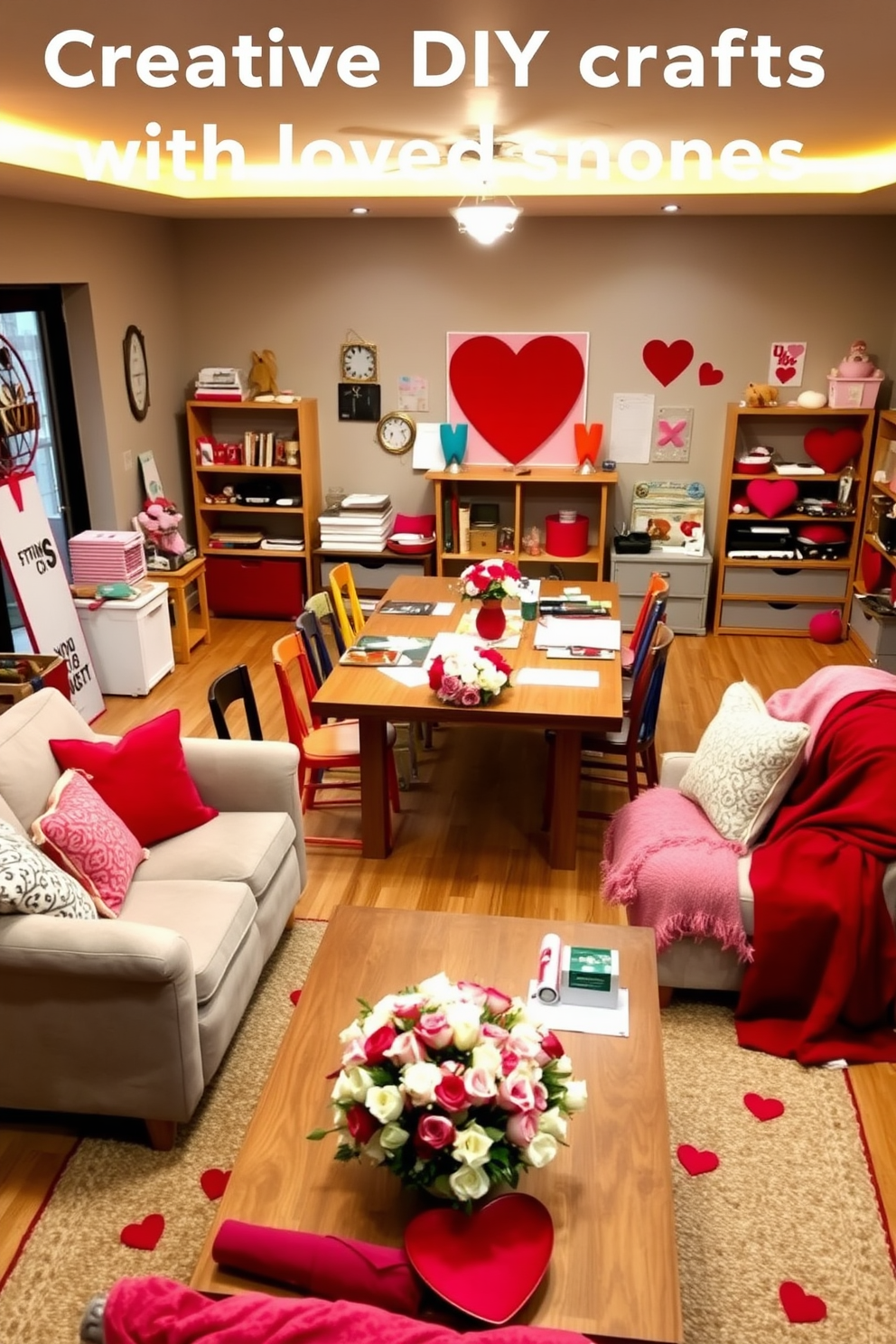 Creative DIY crafts with loved ones include a cozy crafting area with a large wooden table surrounded by colorful chairs. The space is filled with various craft supplies like paints, papers, and tools, creating an inviting atmosphere for creativity. Living Room Valentines Day Decorating Ideas feature a warm and romantic ambiance with soft lighting and heart-themed decor. Plush cushions and throws in shades of red and pink adorn the sofa, while a centerpiece of fresh flowers adds a touch of elegance to the coffee table.