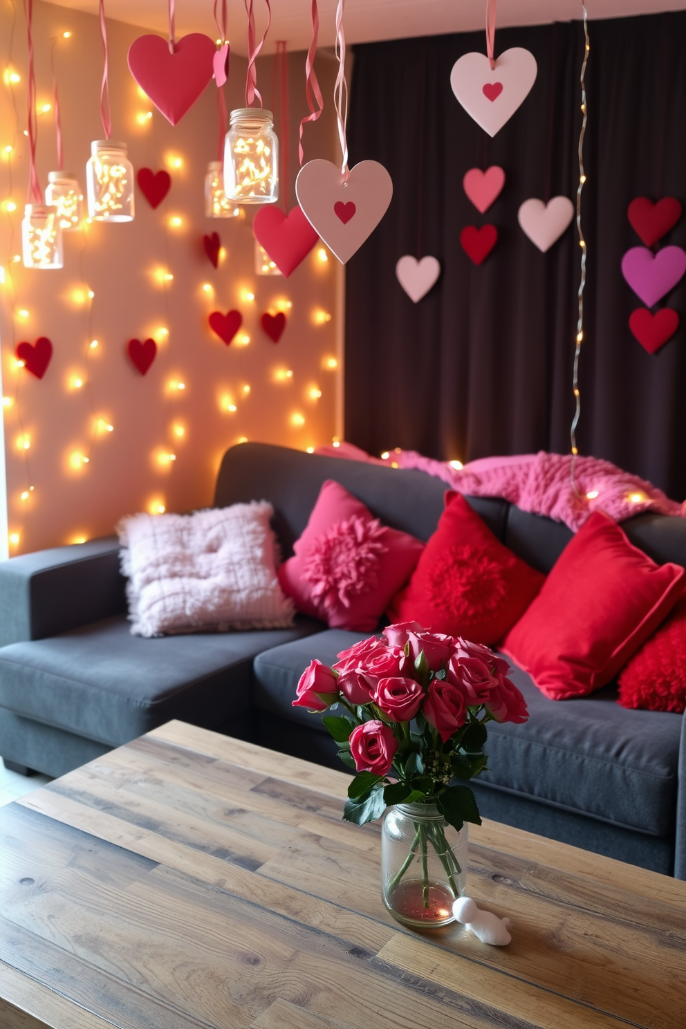 A cozy living room adorned with warm fairy lights in glass jars, creating a soft and inviting ambiance. Plush cushions in shades of red and pink are scattered across a deep gray sofa, complemented by a rustic wooden coffee table. Heart-shaped decorations hang from the ceiling, adding a playful touch to the Valentine's Day theme. A bouquet of fresh roses in a simple vase sits at the center of the table, enhancing the romantic atmosphere.