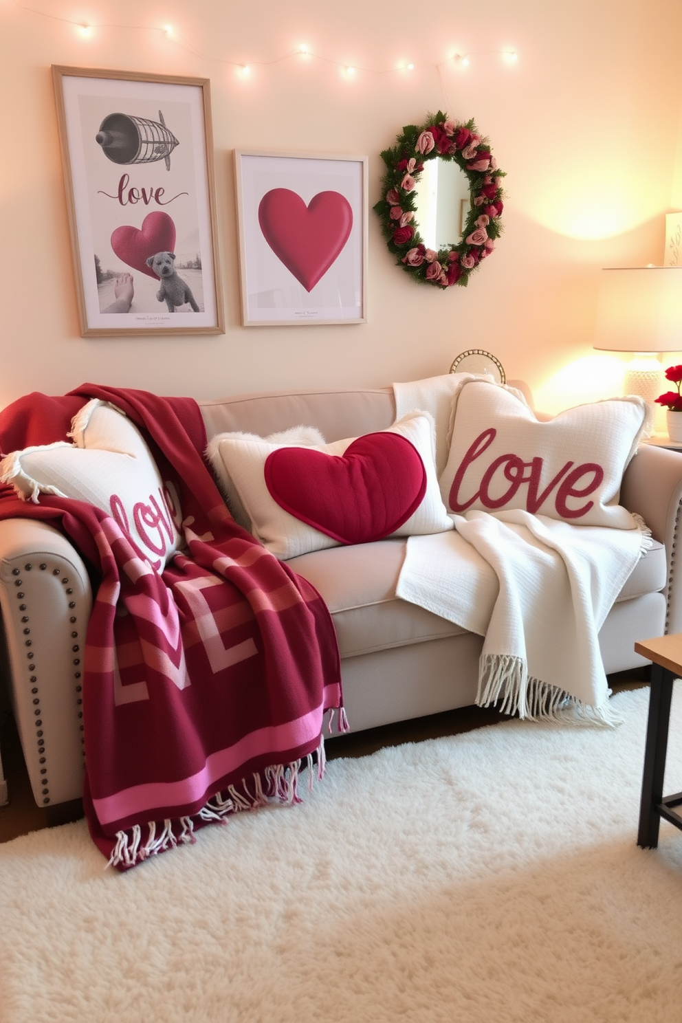 Create a cozy living room setting adorned with stylish love-themed throw blankets draped over a plush sofa. The decor features soft pastel colors, heart-shaped cushions, and romantic lighting to enhance the Valentine's Day ambiance.