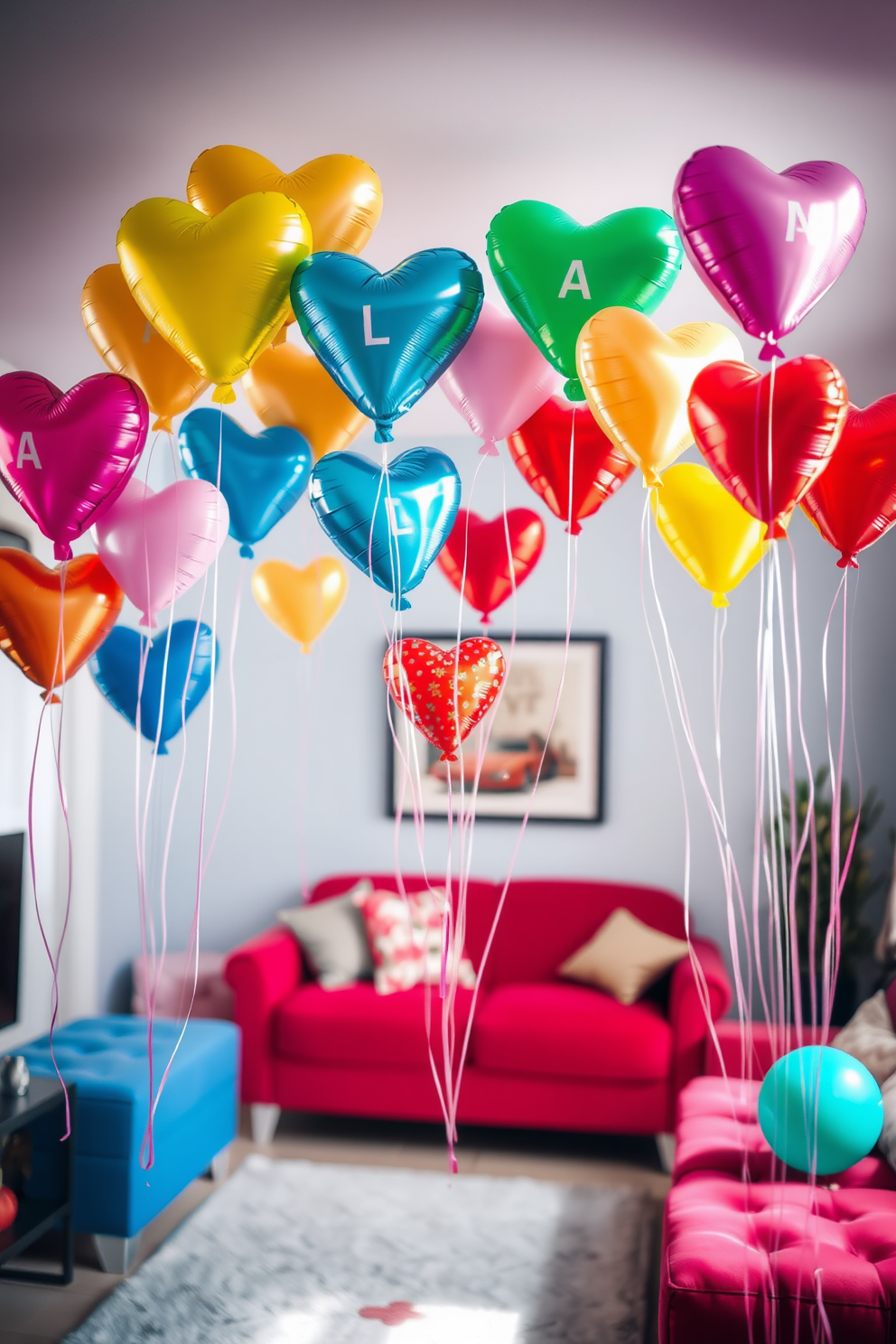 A vibrant living room adorned with colorful heart-shaped balloons floating gracefully around the space. The walls are painted in a soft pastel hue, complementing the festive atmosphere created by the playful decorations.