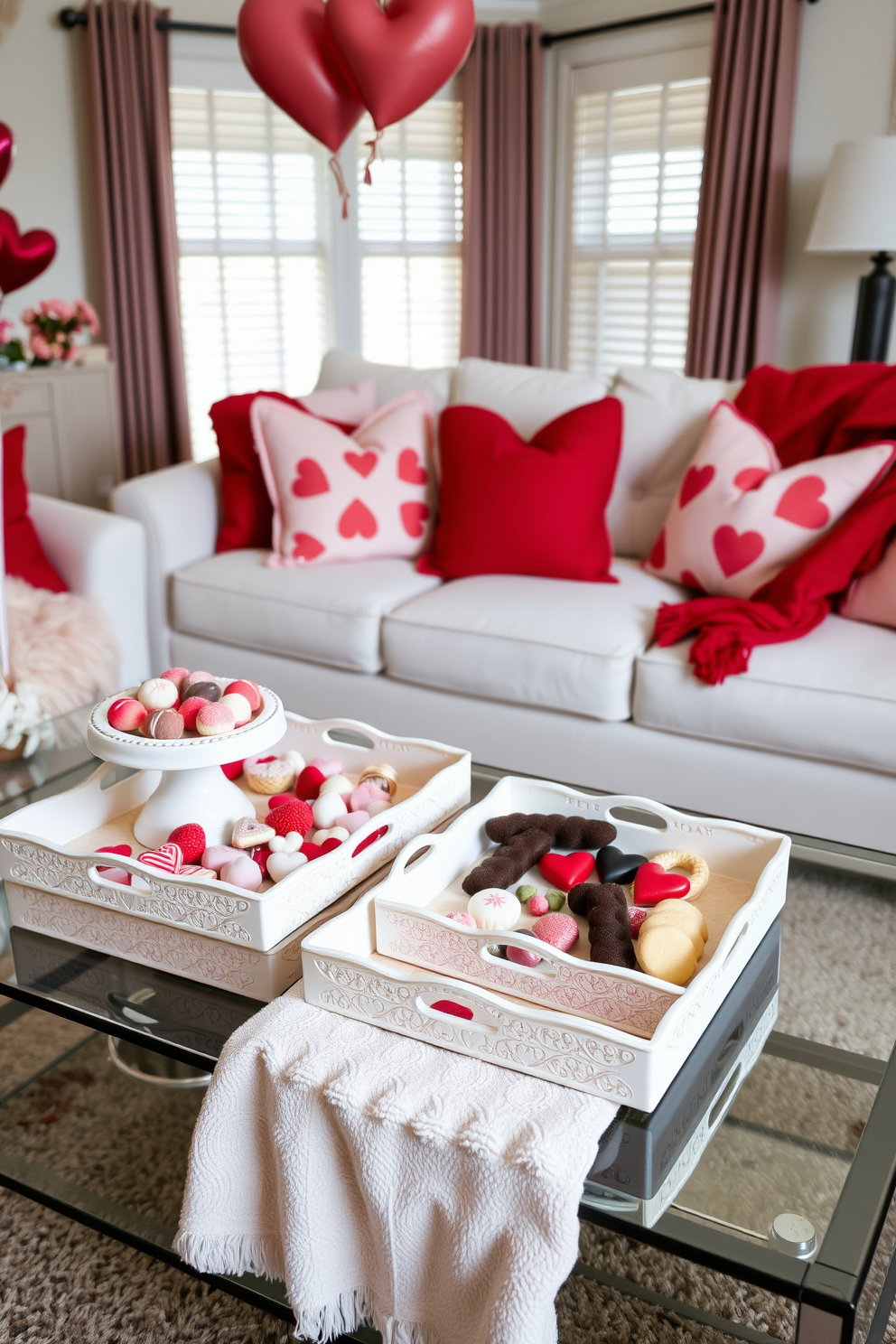 A charming living room setting for Valentine's Day. Decorative trays filled with an assortment of sweet treats are elegantly arranged on a coffee table. Soft pink and red accents adorn the space, creating a romantic atmosphere. Plush cushions and throws in heart patterns add a cozy touch to the seating area.