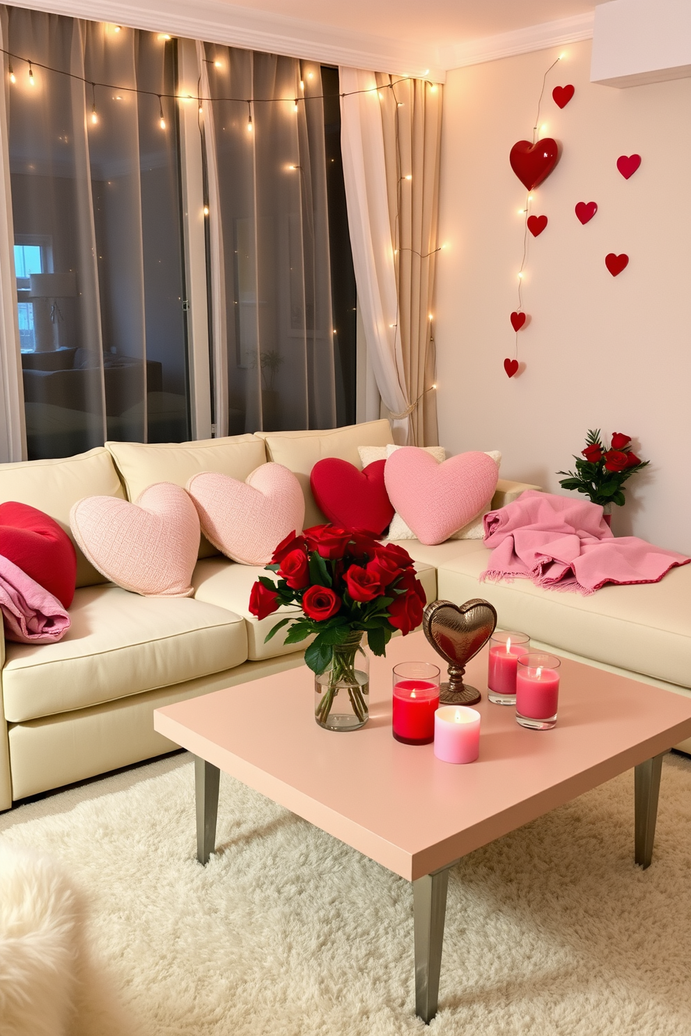 A cozy living room adorned with creative fabric hearts strung as garlands across the walls. The hearts are made from various patterned fabrics in shades of pink, red, and white, adding a festive touch to the space.