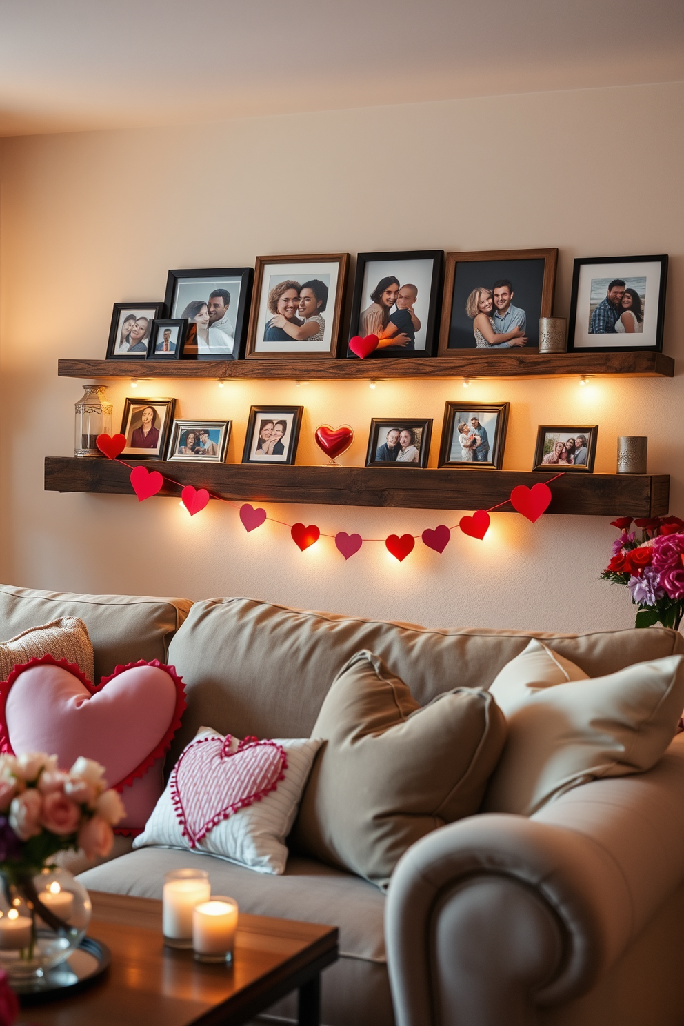 A cozy living room adorned with framed photos of loved ones displayed on a rustic wooden shelf. Soft, romantic lighting casts a warm glow over the space, enhancing the festive Valentine's Day decorations that include heart-shaped pillows and fresh flowers.