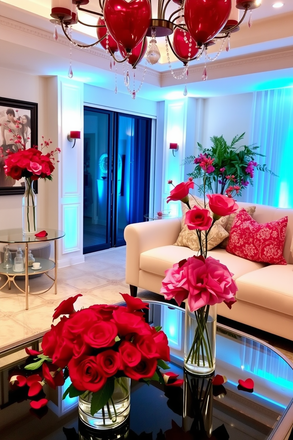 A vibrant living room adorned with red and pink floral centerpieces that create a romantic atmosphere. The centerpieces are elegantly arranged in glass vases placed on a stylish coffee table, complemented by soft lighting that enhances the cozy ambiance.