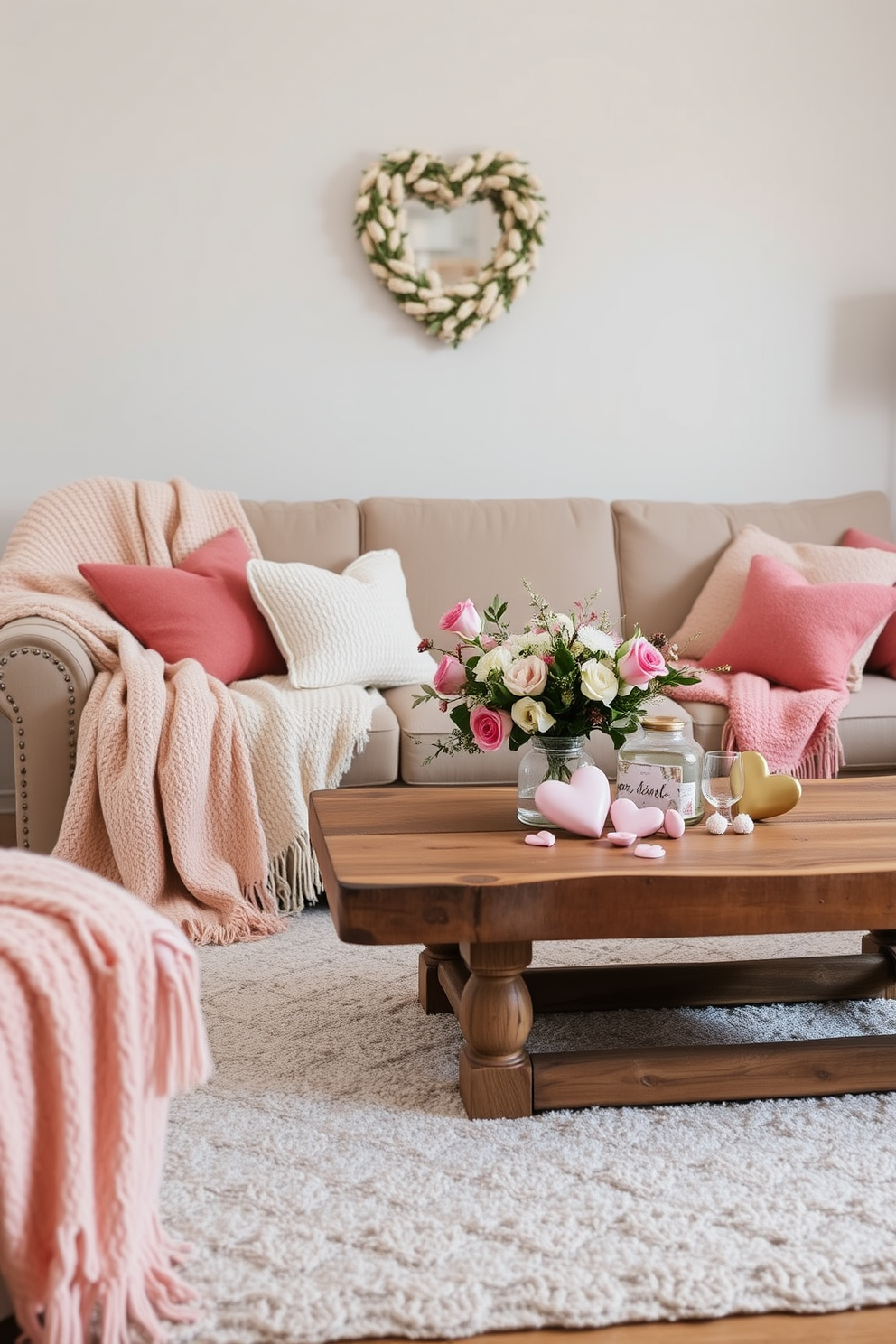 A cozy living room adorned for Valentine's Day features a plush sofa draped with soft, textured throw blankets in shades of pink and cream. A rustic wooden coffee table is topped with a delicate arrangement of fresh flowers and heart-shaped decorative items, creating a warm and inviting atmosphere.