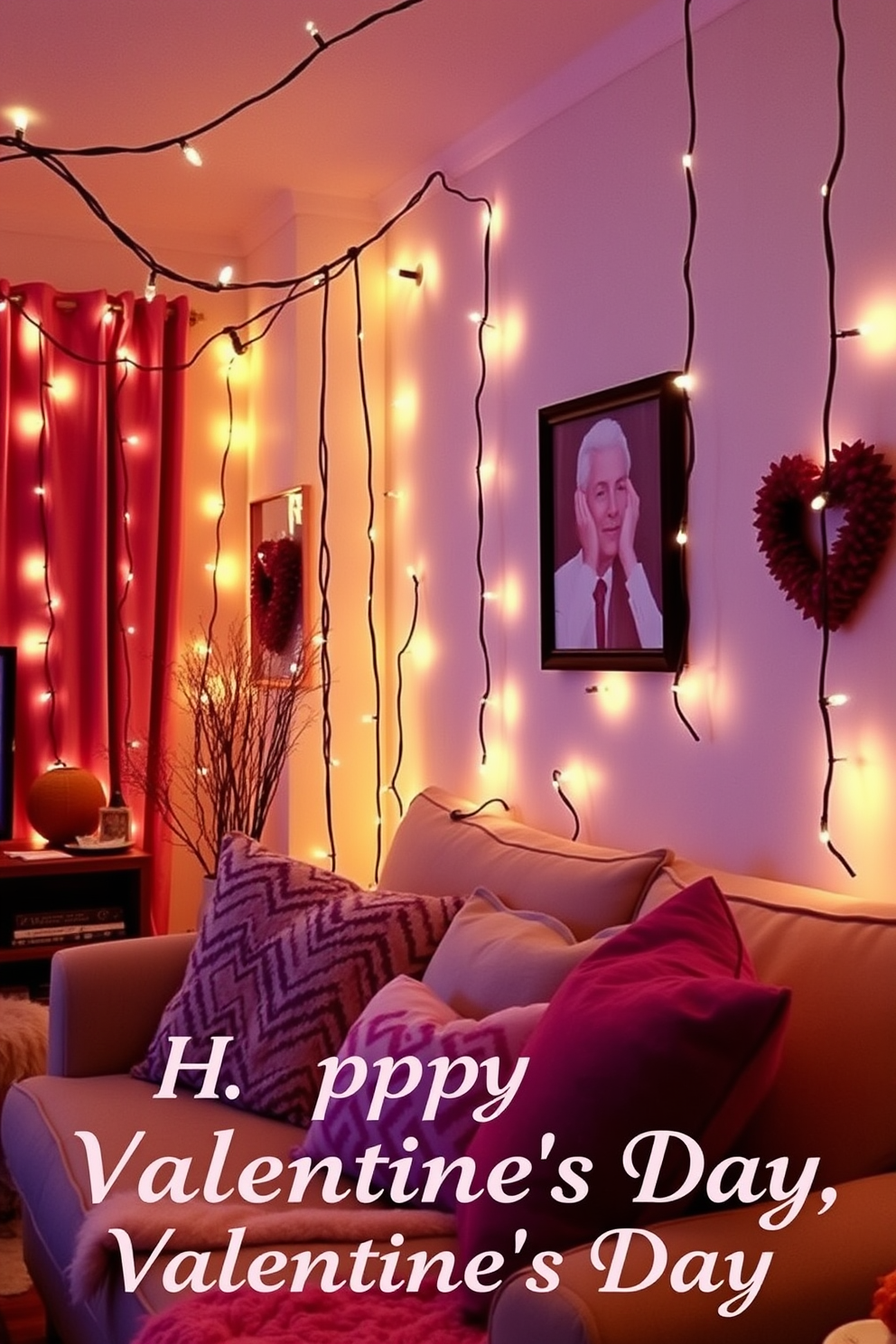 A cozy living room adorned with string lights creating a warm and inviting atmosphere. The walls are painted in soft pastels, and plush cushions are scattered across a comfortable sofa, enhancing the romantic vibe of Valentine's Day.