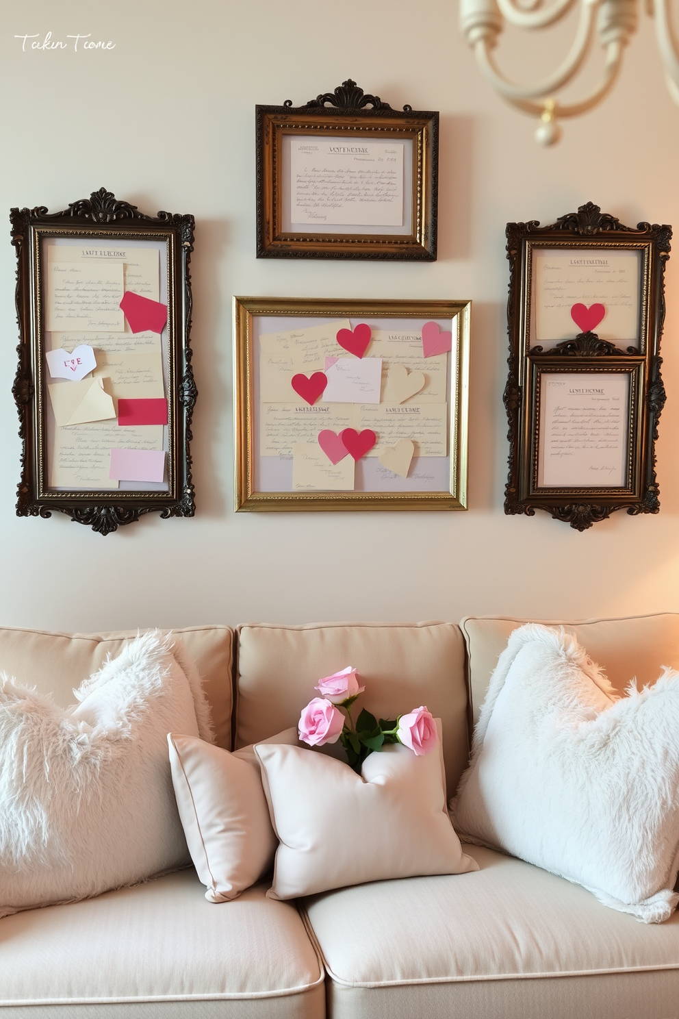 A cozy living room adorned with vintage love letters displayed in ornate frames on the walls. The decor features soft pastel colors with plush cushions on a comfortable sofa, creating a romantic atmosphere for Valentine's Day.