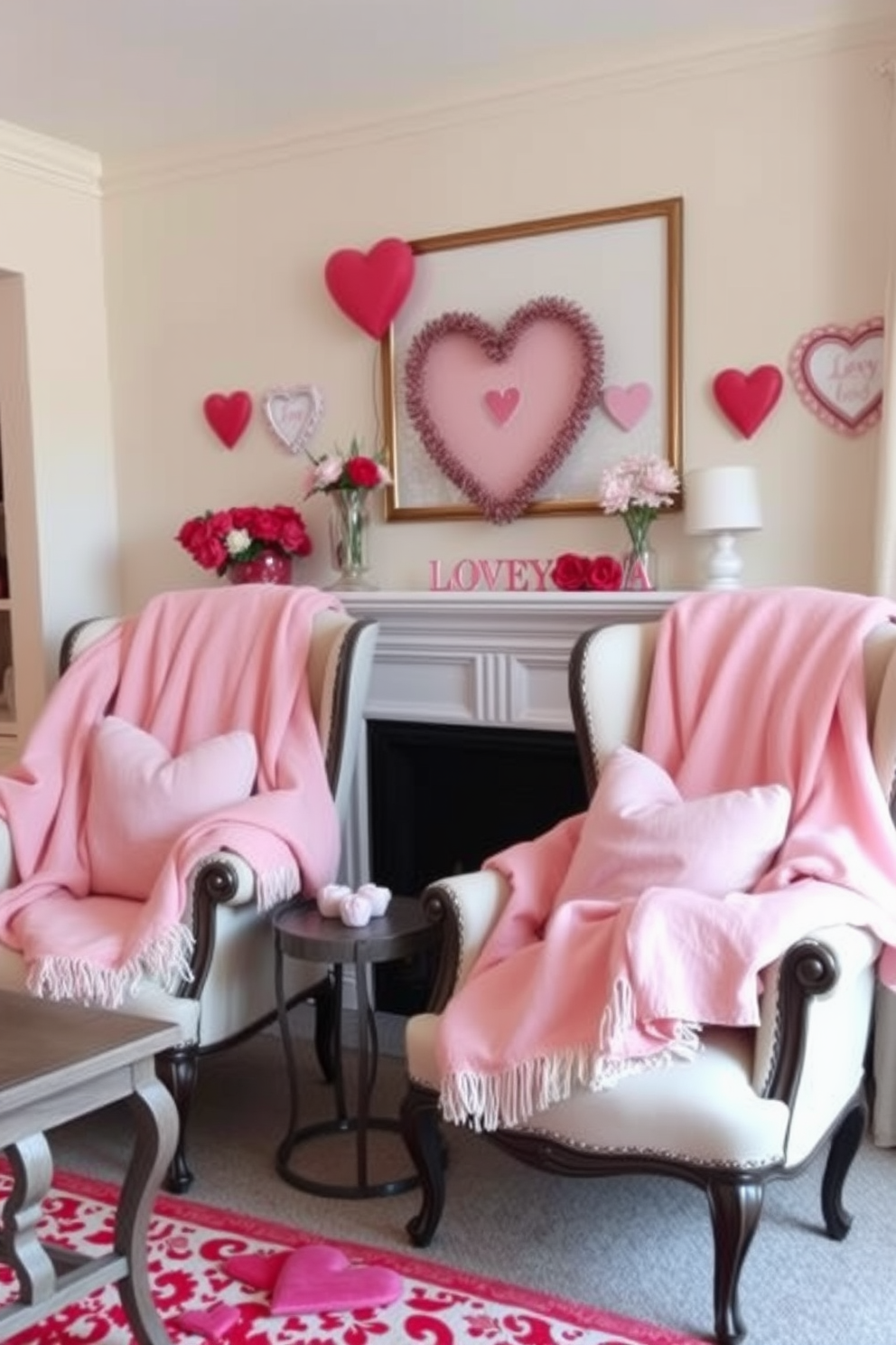 A cozy living room adorned with vintage love letters displayed in elegant frames on the walls. Soft pink and red accents are woven throughout the space, with plush throw pillows on a cream-colored sofa and a heart-shaped rug under a rustic coffee table.