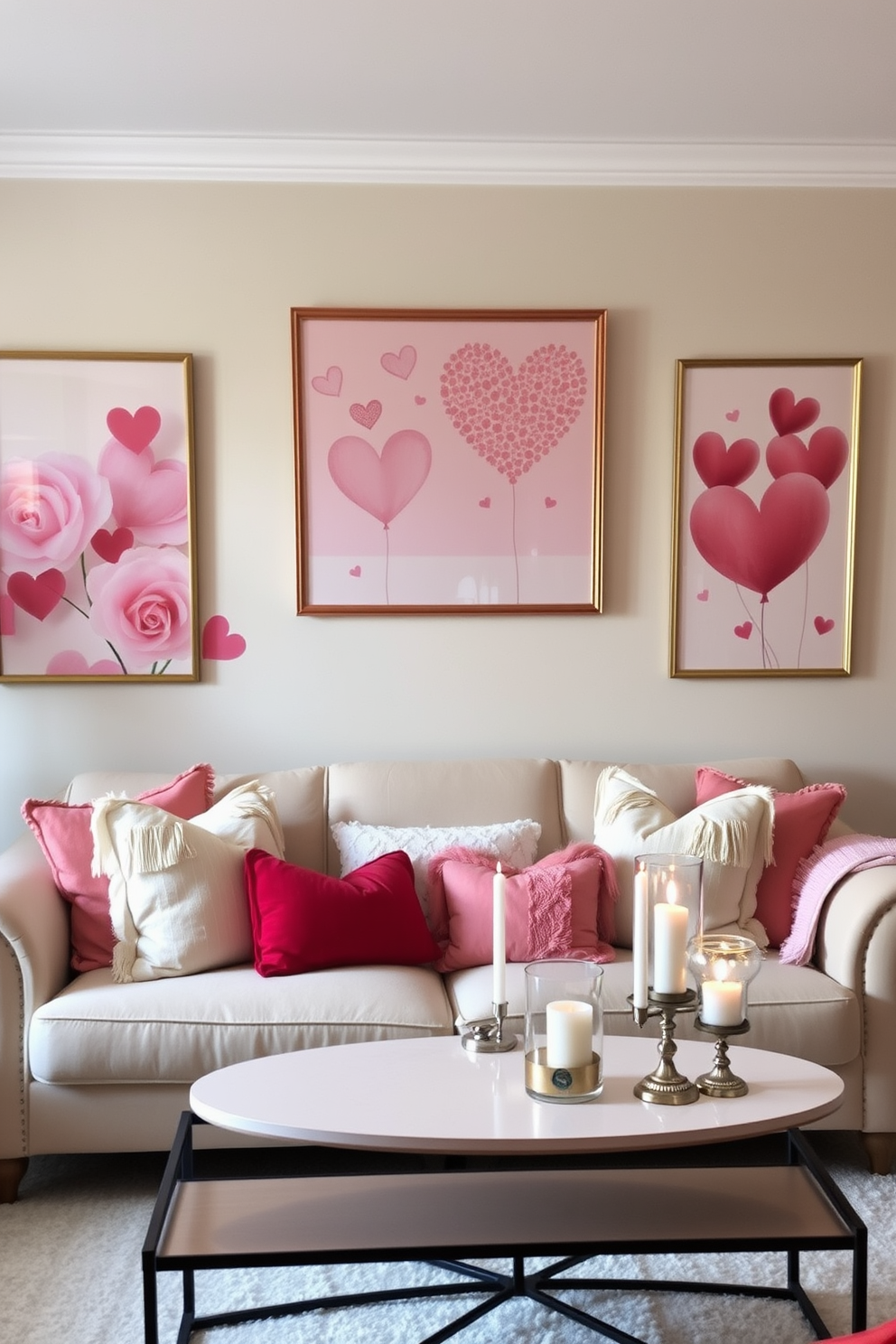 A cozy living room adorned with soft pastel table runners that drape elegantly over a wooden coffee table. Surrounding the table are plush sofas in light neutral tones, accented with heart-shaped cushions and delicate floral arrangements for a romantic Valentine's Day ambiance.