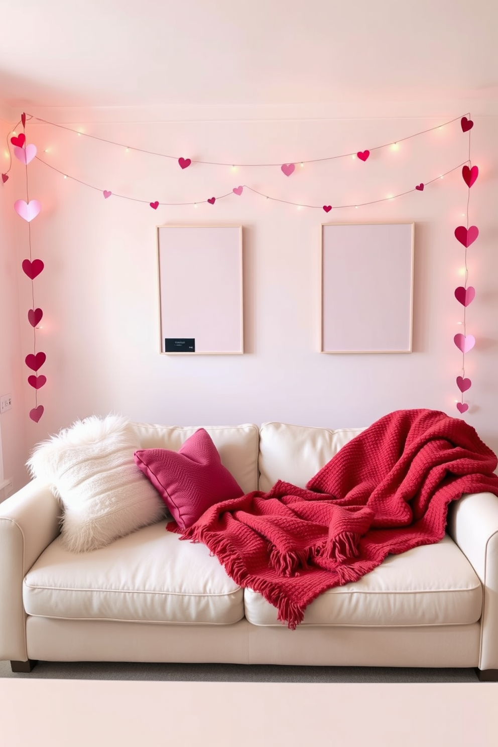 A cozy living room adorned with decorative heart garlands hanging from the walls. Soft pastel colors dominate the space, with plush cushions and a warm throw draped over a stylish sofa, creating an inviting atmosphere for Valentine's Day celebrations.