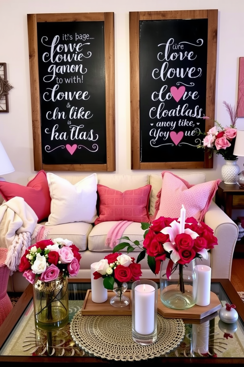 Charming love quotes in framed prints adorn the walls of a cozy living room. The prints are arranged in a gallery style, featuring a mix of elegant frames in gold and white, creating a warm and inviting atmosphere for Valentine's Day. A plush sofa in soft pastel hues is accented with heart-patterned throw pillows. A coffee table is adorned with candles and fresh flowers, enhancing the romantic ambiance of the space.