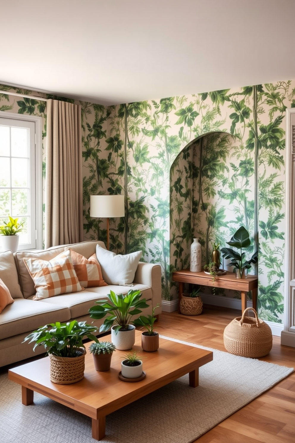 A serene living room decorated with nature-inspired wallpaper featuring lush green foliage and soft floral patterns. The space includes a comfortable sofa adorned with earth-tone cushions and a wooden coffee table surrounded by potted plants. A cozy reading nook with a large window allowing natural light to flood in. The walls are covered in a calming wallpaper that mimics the feel of a forest, creating a tranquil atmosphere perfect for relaxation.