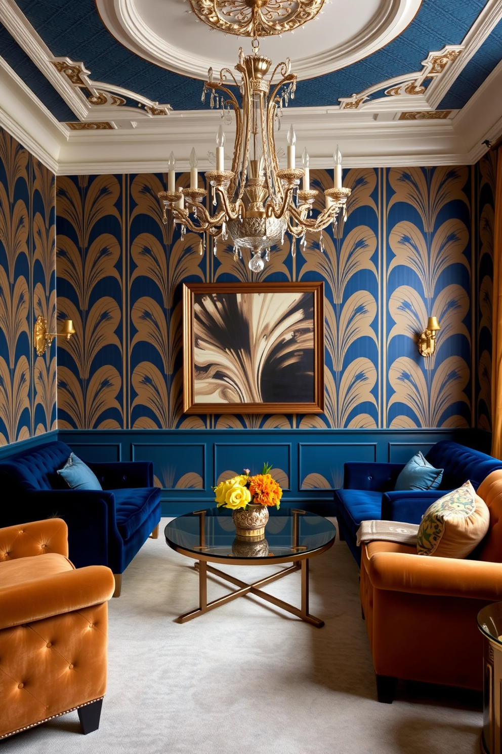 Art deco patterns create a vintage vibe in the living room. The walls are adorned with bold geometric designs in rich colors like deep blue and gold. Plush velvet furniture complements the wallpaper, adding a touch of luxury. A statement chandelier with intricate details hangs from the ceiling, enhancing the overall elegance of the space.