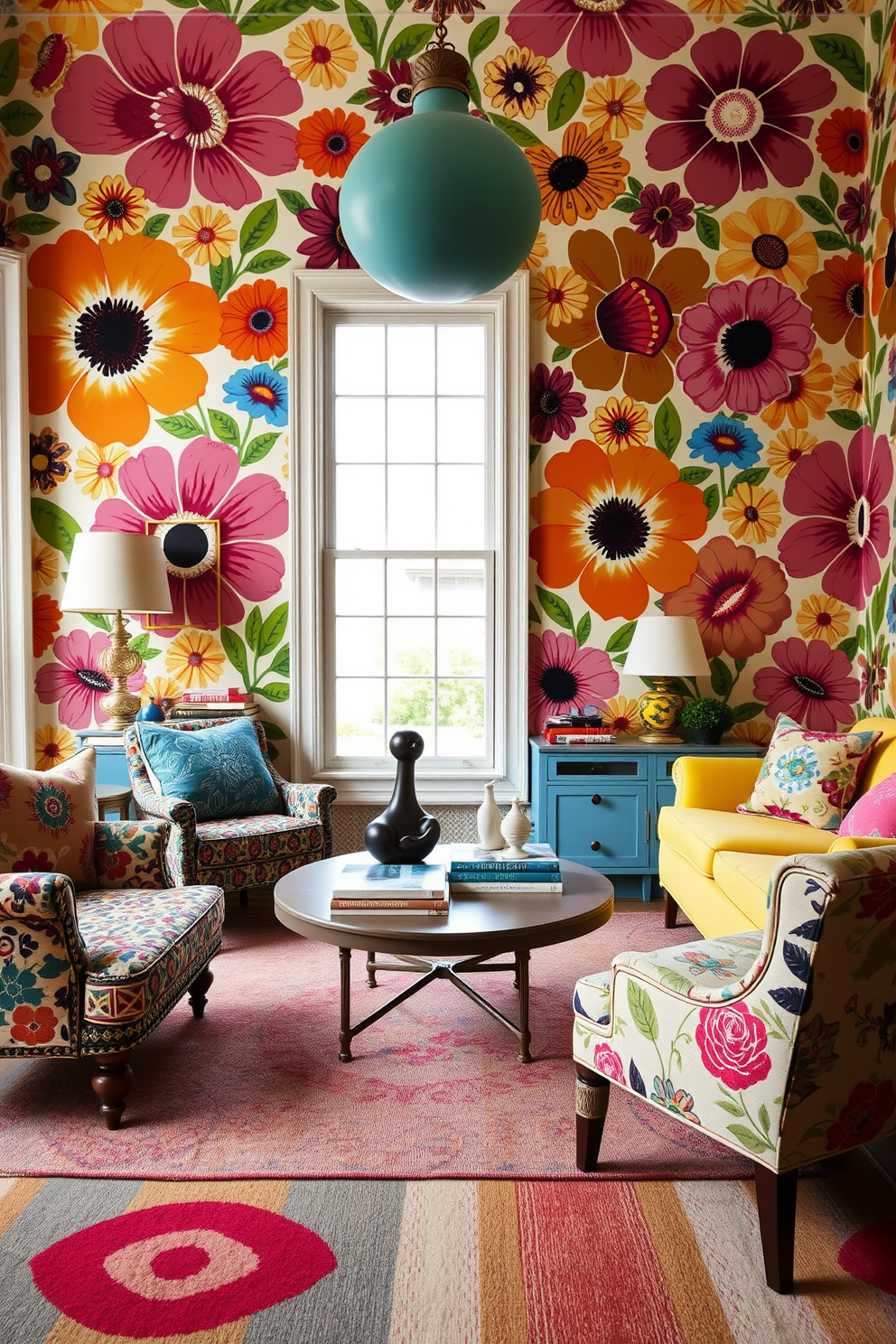 A whimsical living room filled with playful colors and patterns. The walls are adorned with vibrant, oversized floral wallpaper that brings a sense of joy and creativity to the space. A cozy seating area features a mix of eclectic furniture pieces, including a bright yellow sofa and a vintage armchair with a quirky print. A round coffee table sits in the center, topped with an array of colorful books and a whimsical sculpture.