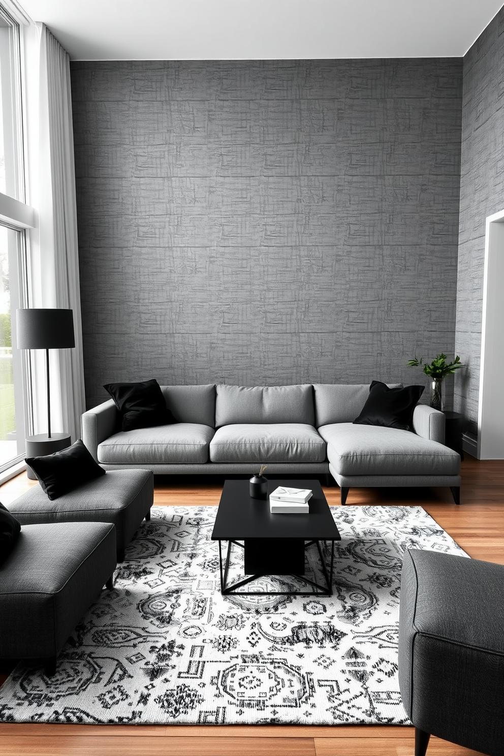 A chic living room featuring monochrome styles with varying shades of gray. The walls are adorned with a textured gray wallpaper that adds depth, and a sleek gray sofa is complemented by minimalist black accent pillows. A modern coffee table in a matte black finish sits in the center, surrounded by geometric gray rugs. Floor-to-ceiling windows allow natural light to flood the space, highlighting the elegant monochrome decor.