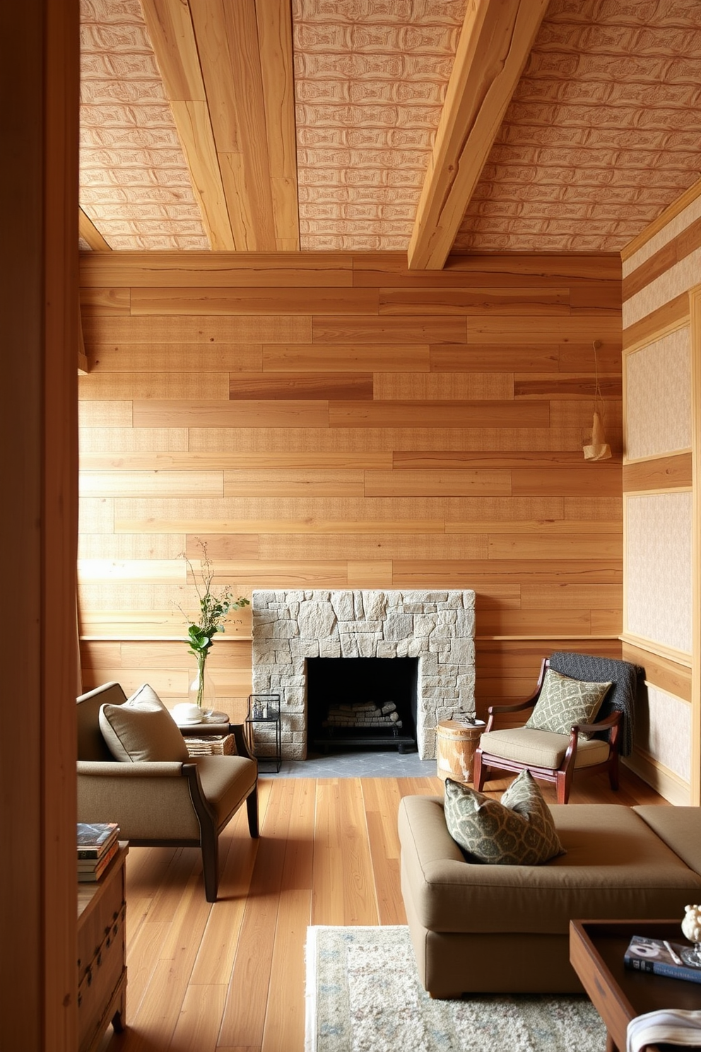 A cozy living room featuring rustic wood paneling that adds warmth and character to the space. The walls are adorned with a subtle patterned wallpaper that complements the natural tones of the wood, creating a harmonious atmosphere.