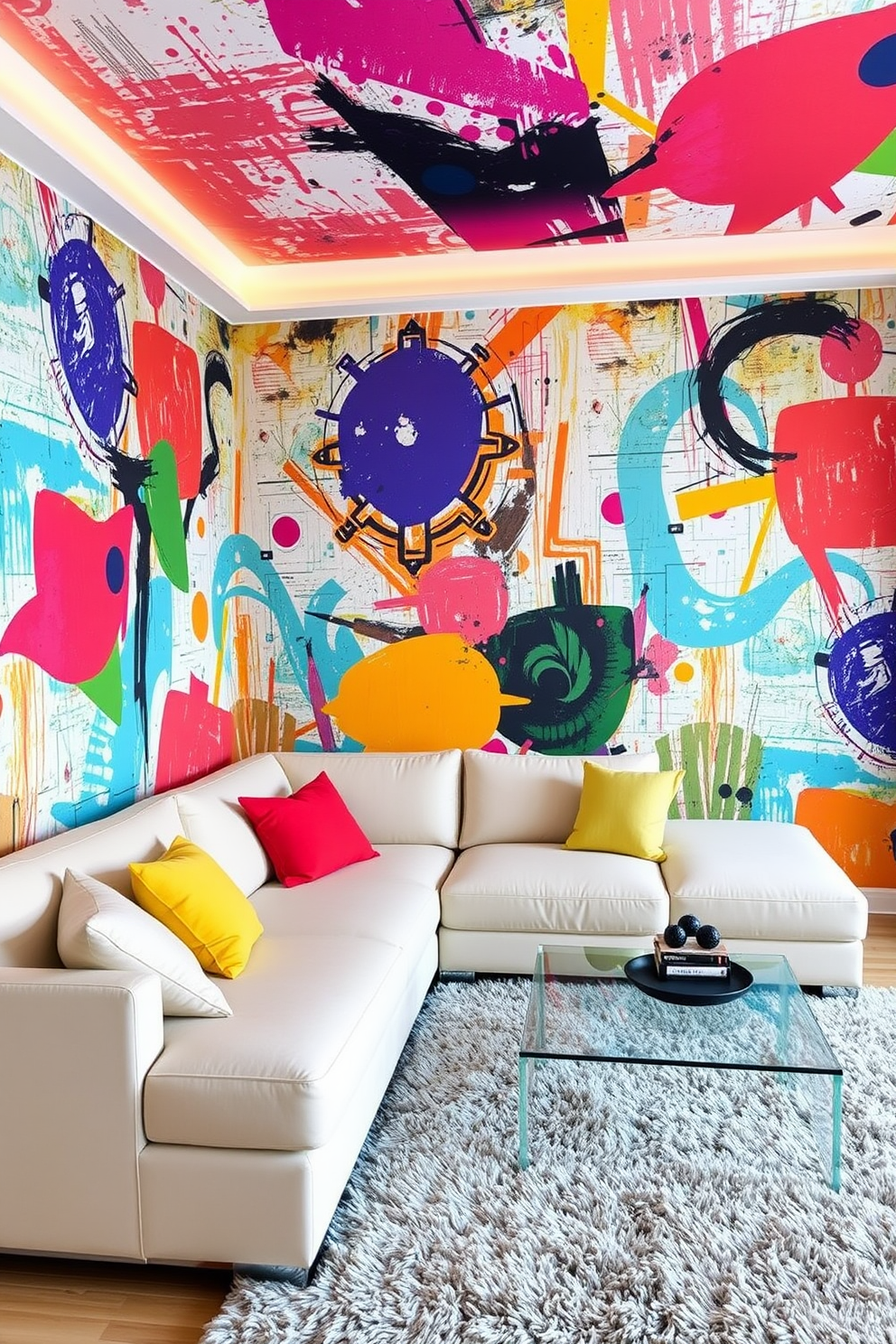 A vibrant living room adorned with abstract art wallpaper that features bold colors and dynamic shapes. The wallpaper creates a stimulating atmosphere, enhancing the creative expression of the space while complementing modern furniture. The room includes a sleek sectional sofa in a neutral tone, paired with colorful throw pillows that echo the hues of the wallpaper. A glass coffee table sits atop a plush area rug, providing a cozy yet artistic focal point for the living area.