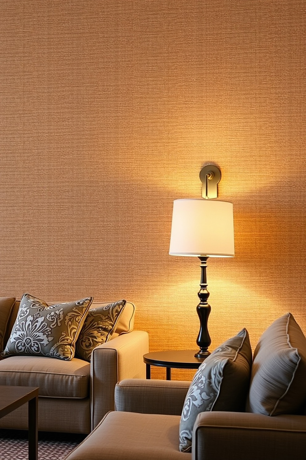 Textured grasscloth wallpaper creates a warm and inviting atmosphere in the living room. The earthy tones and subtle variations in texture enhance the natural beauty of the space, making it feel cozy and sophisticated. Incorporate layered lighting with stylish floor lamps and wall sconces to complement the grasscloth wallpaper. This design choice adds depth and dimension, creating an elegant ambiance perfect for relaxation and entertaining.