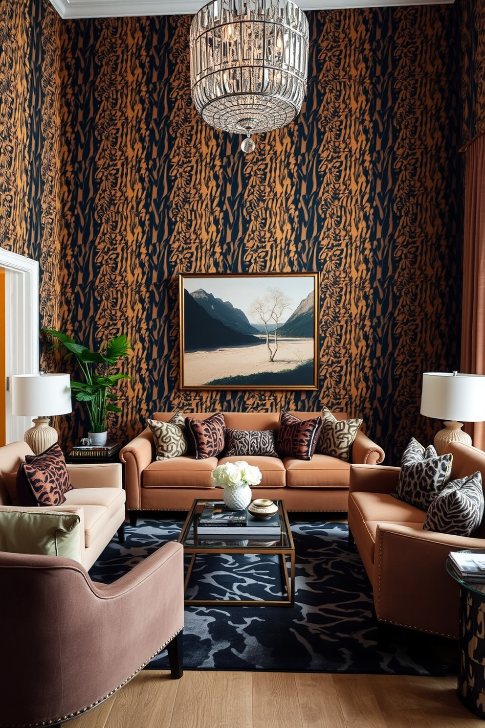 A bold living room featuring animal print wallpaper that creates a striking focal point. The furniture is arranged to complement the vibrant patterns, with a plush sofa and accent chairs that enhance the overall aesthetic. The color palette includes earthy tones that harmonize with the animal prints, creating a warm and inviting atmosphere. Decorative elements like throw pillows and a stylish area rug tie the design together, adding texture and comfort.