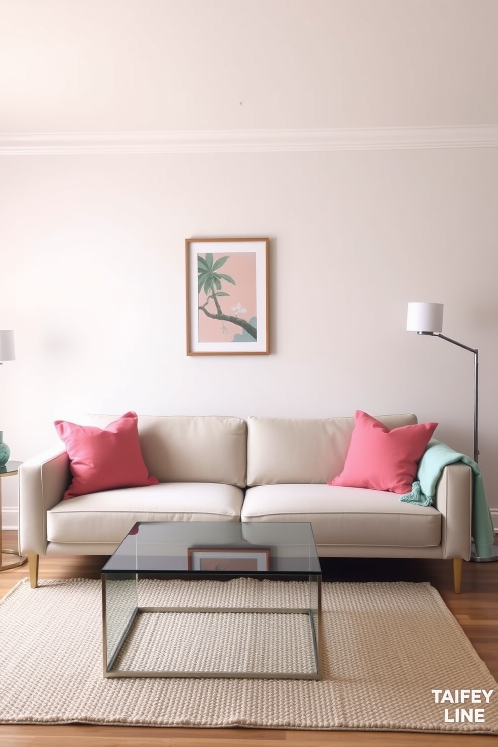 A chic living room adorned with subtle polka dot wallpaper in soft pastel hues. The wallpaper adds a playful yet elegant touch to the space, complementing the minimalist furniture arrangement. A plush sofa in a neutral tone sits against the wall, accented by vibrant throw pillows that echo the wallpaper colors. A sleek coffee table with a glass top rests on a textured area rug, creating a cozy focal point in the room.