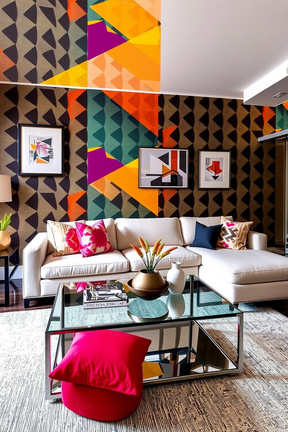 A contemporary living room adorned with bold geometric wallpaper that features a mix of vibrant colors and sharp angles. The wallpaper creates a striking backdrop for a sleek sectional sofa and a glass coffee table that reflects the dynamic patterns of the walls. Incorporate accent pillows with complementary geometric designs to enhance the visual interest of the space. A stylish area rug with a subtle texture anchors the seating area, while modern art pieces hang on the walls, adding depth and character to the room.