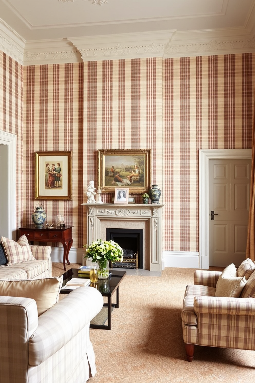 A classic living room adorned with wallpaper featuring check patterns in soft beige and cream tones. The walls create a warm and inviting atmosphere, complemented by elegant furnishings and rich textures.