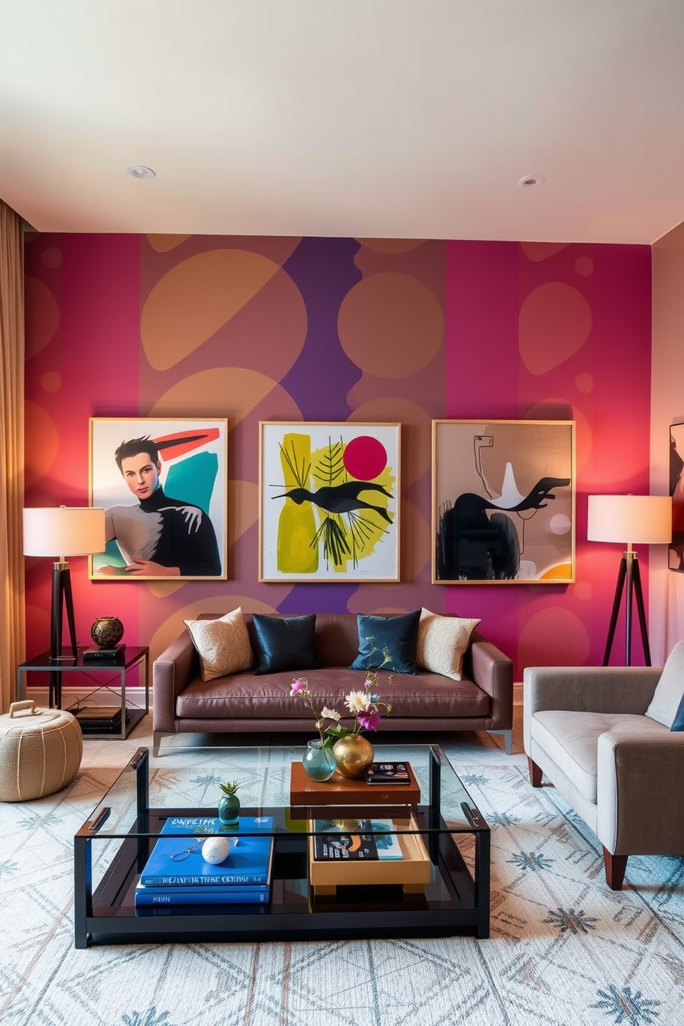 A contemporary living room features bold geometric wallpaper in vibrant colors that energize the space. The furniture is minimalistic, with a sleek sofa and a glass coffee table, complemented by abstract art pieces that tie the room together. The walls are adorned with large-scale contemporary prints that add a dynamic touch to the overall design. Soft lighting from stylish floor lamps creates a warm and inviting atmosphere, perfect for relaxation and social gatherings.