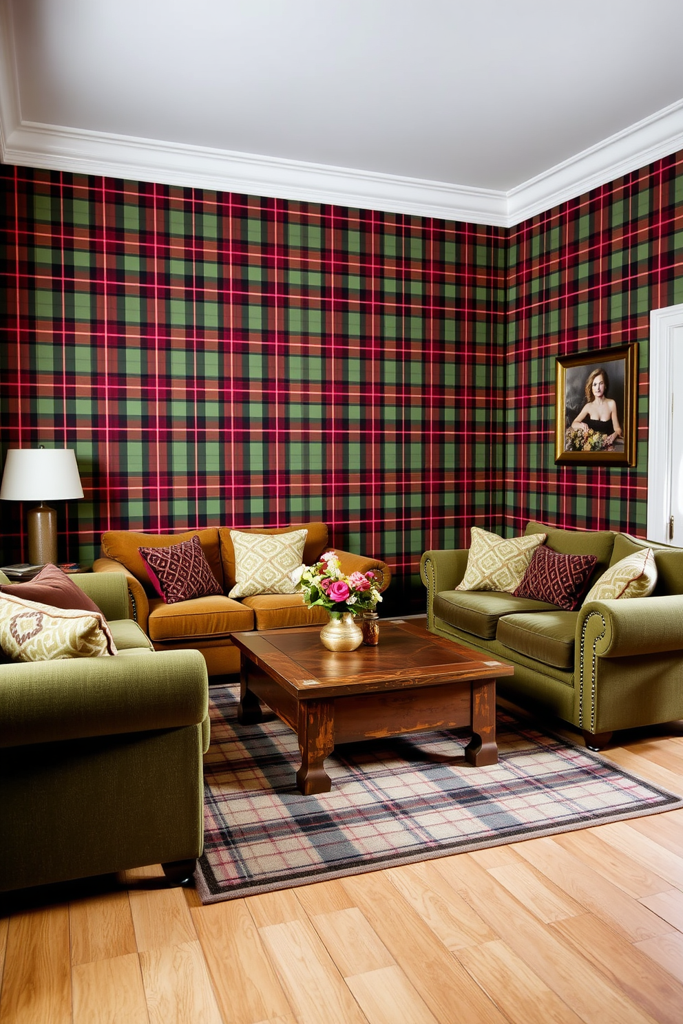 A cozy living room adorned with tartan patterns. The walls are covered in a rich tartan wallpaper featuring deep greens and reds, creating a warm and inviting atmosphere. Plush sofas in complementary colors are arranged around a rustic wooden coffee table. A soft area rug with a subtle tartan design anchors the seating area, enhancing the overall comfort of the space.