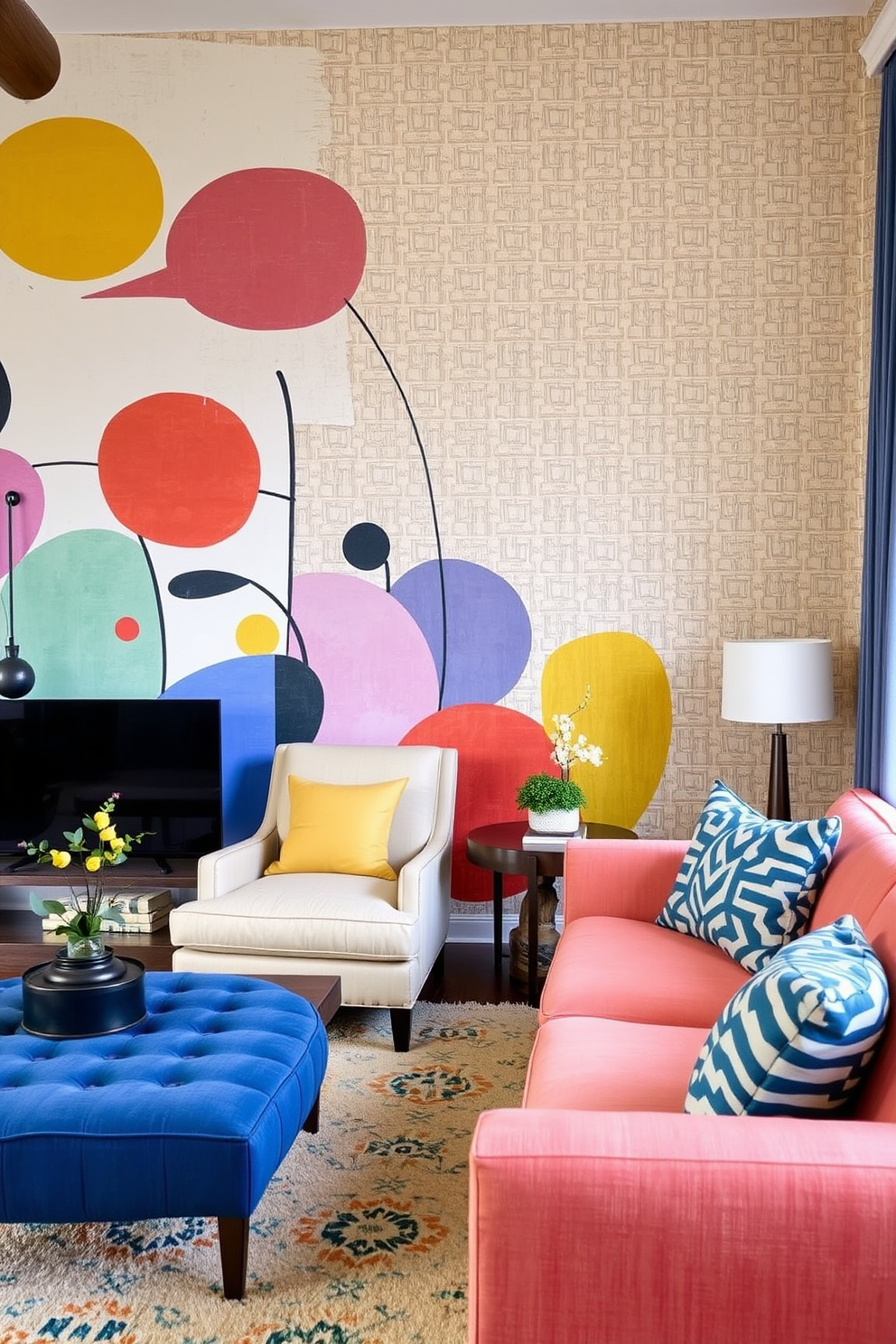 Colorful murals for lively energy. A vibrant mural depicting abstract shapes and bold colors covers one wall, creating a focal point in the room. Living Room Wallpaper Design Ideas. Textured wallpaper in soft pastels complements the furniture, adding depth and warmth to the space.