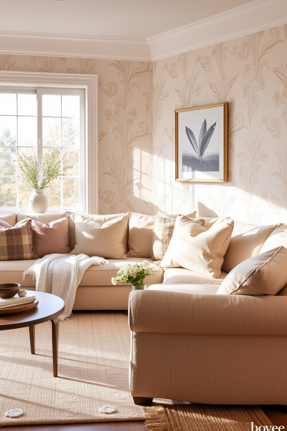 A cozy living room featuring soft linen textures that enhance warmth and comfort. The walls are adorned with elegant wallpaper designs that add a touch of sophistication to the space.