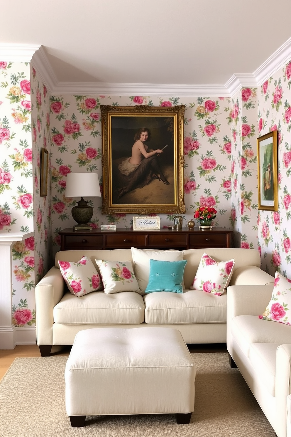 A living room adorned with floral prints creates a fresh and inviting atmosphere. The walls are covered in a vibrant floral wallpaper featuring a mix of colorful blooms against a soft white background. Complementing the wallpaper, a plush sofa in a light pastel shade sits in the center of the room. Accented with throw pillows that echo the floral patterns, the space feels cohesive and lively.