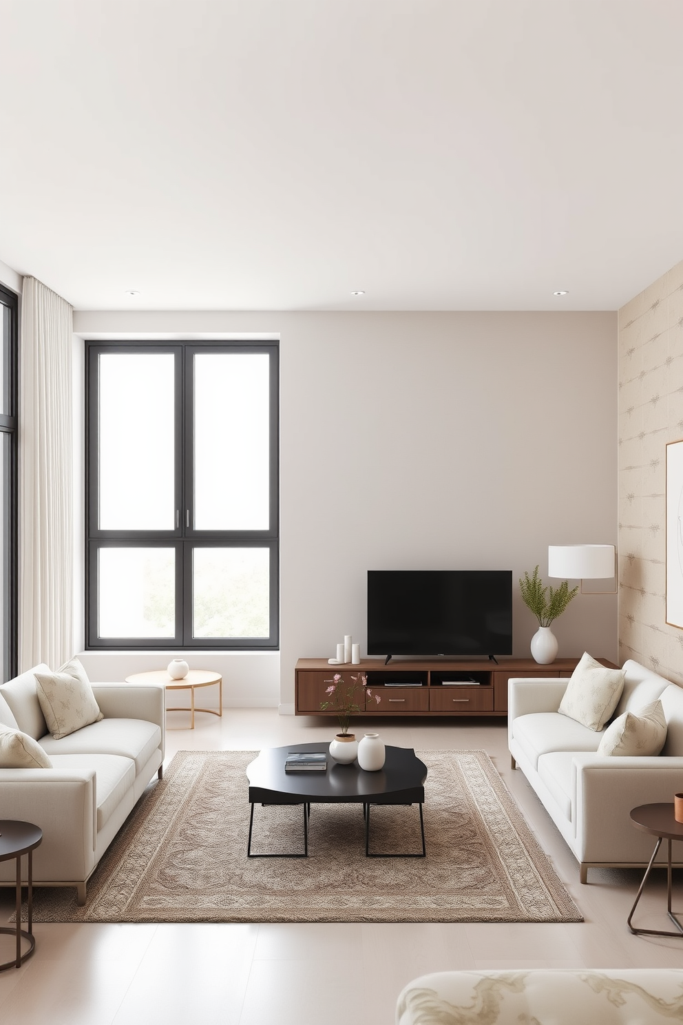 A minimalist living room features a neutral color palette with sleek furniture and unobtrusive decor. Large windows allow natural light to fill the space, highlighting the simplicity of the design. The wallpaper design incorporates subtle geometric patterns in soft tones, enhancing the clean aesthetic without overwhelming the room. Accent walls are created with textured wallpaper that adds depth while maintaining a minimalist approach.