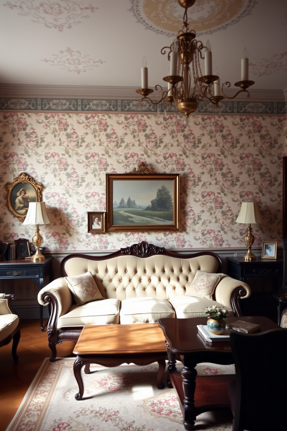 A vintage-inspired living room features elegant floral wallpaper in soft pastel colors that evoke a sense of nostalgia. The room is adorned with antique furniture, including a plush velvet sofa and a classic wooden coffee table, creating a warm and inviting atmosphere. The wallpaper showcases intricate patterns that complement the overall vintage aesthetic. Decorative accents such as ornate picture frames and a vintage chandelier enhance the charm of this timeless space.