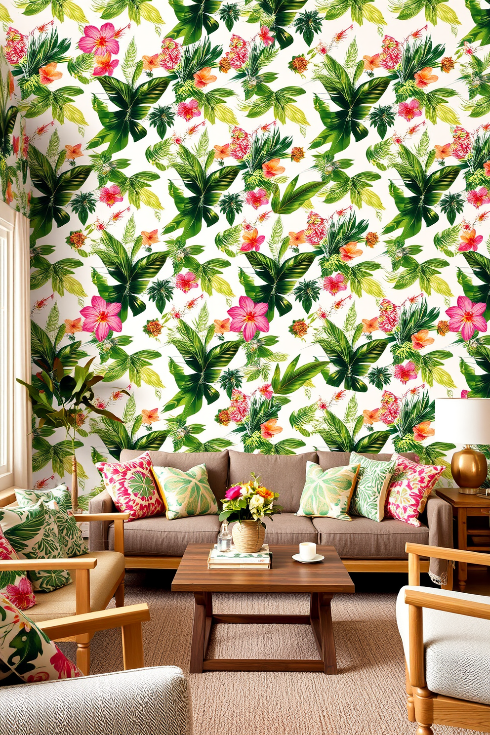 A lively living room adorned with tropical motifs featuring lush green leaves and vibrant floral patterns. The wallpaper creates a cheerful atmosphere, complemented by a mix of bright cushions and natural wood accents in the furniture.