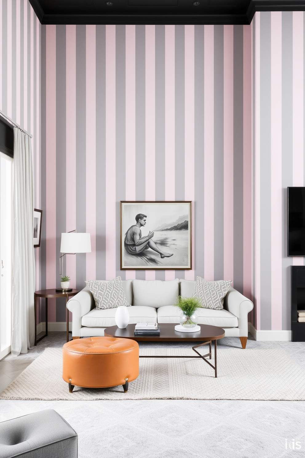 A stylish living room featuring striped wallpaper that creates an illusion of height. The walls are adorned with vertical stripes in soft pastel colors, enhancing the spacious feel of the room.