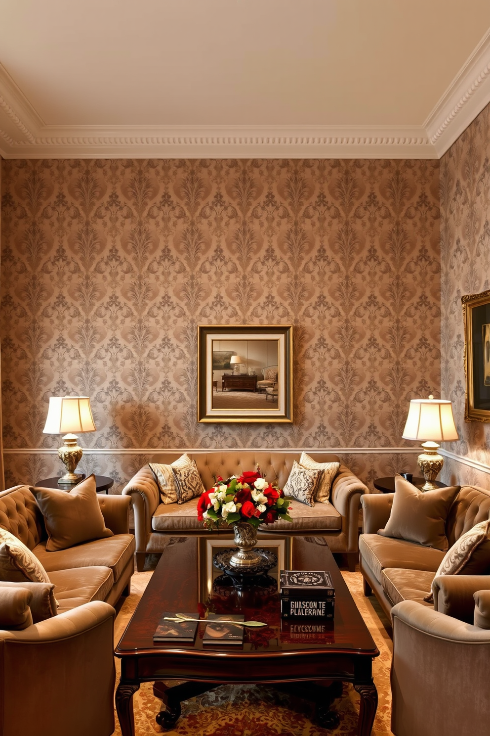 A classic damask wallpaper adorns the walls of a sophisticated living room, creating an elegant backdrop for the space. The intricate patterns in muted tones enhance the luxurious atmosphere while complementing the rich furnishings. Plush velvet sofas are arranged invitingly around a polished coffee table, creating a cozy yet refined seating area. Soft lighting from ornate lamps casts a warm glow, highlighting the exquisite details of the wallpaper and decor.