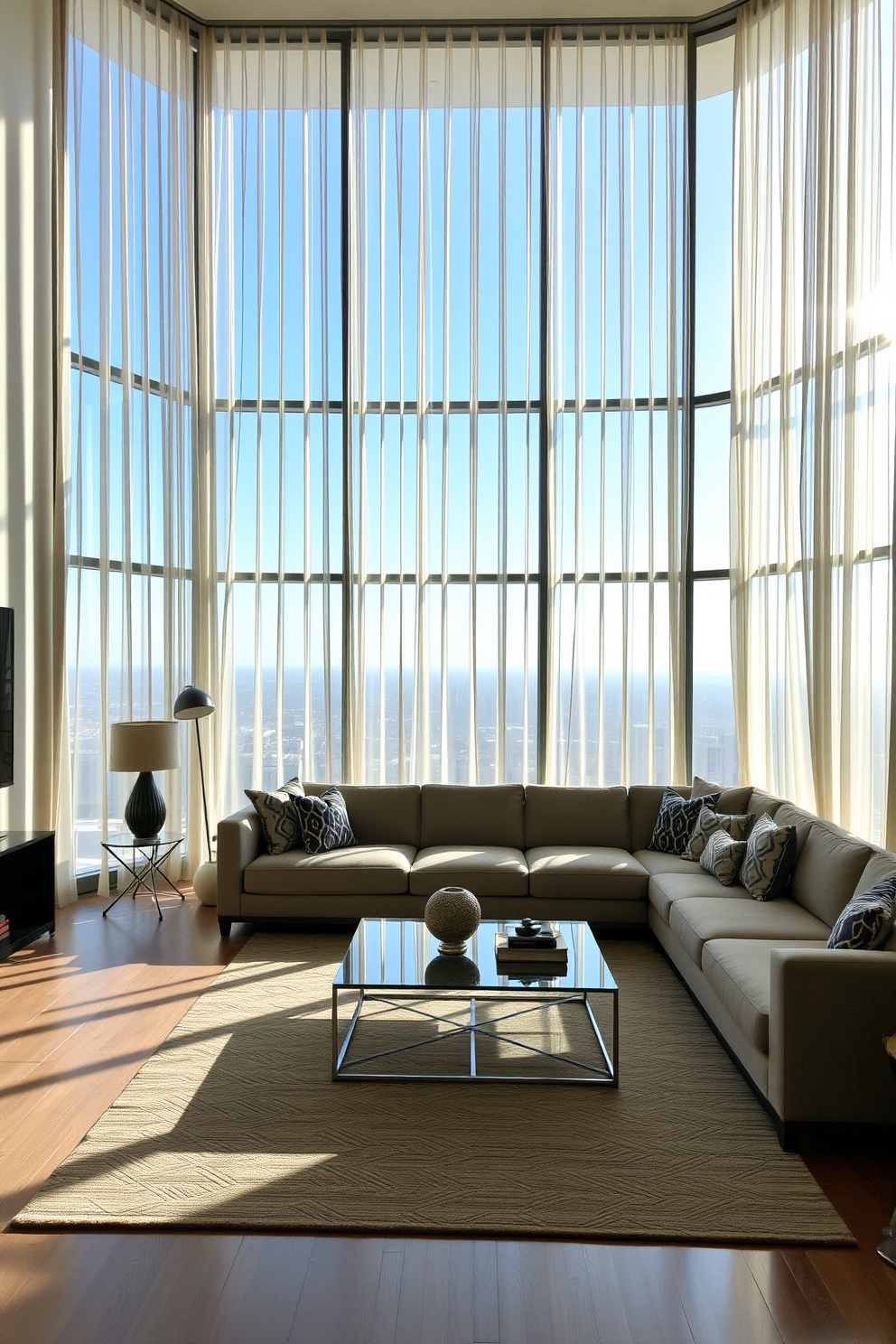 A spacious living room with large bay windows that flood the area with natural light. The windows are adorned with elegant sheer curtains that gently sway with the breeze, enhancing the airy feel of the space. The seating arrangement includes a plush sectional sofa in a neutral tone, complemented by vibrant throw pillows. A stylish coffee table sits in the center, surrounded by a soft area rug that adds warmth to the room.