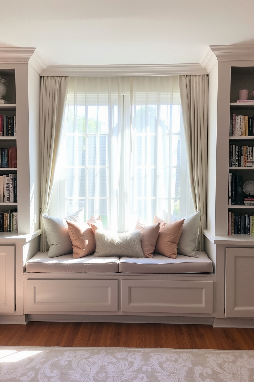 A cozy living room features a large window seat adorned with plush cushions in soft pastel colors. The window seat is framed by sheer curtains that gently filter the sunlight, creating a warm and inviting atmosphere. On either side of the window, built-in bookshelves display an array of books and decorative items, adding character to the space. The floor is covered with a soft area rug that complements the color scheme, enhancing the overall comfort of the room.