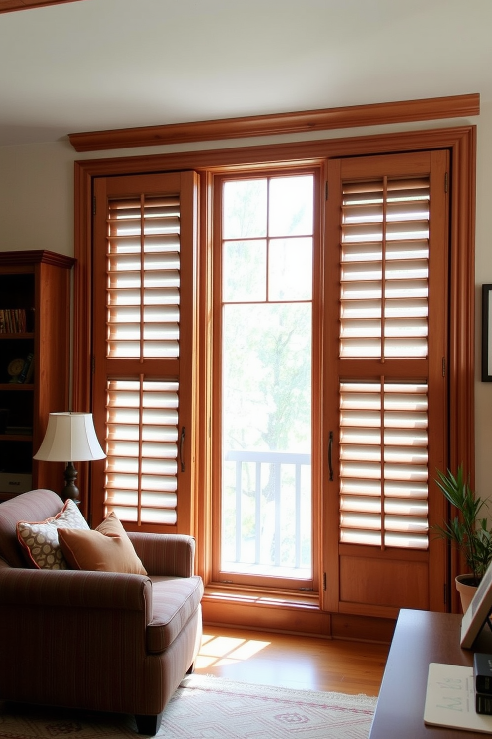 A cozy living room featuring large wooden shutters that add a rustic touch to the window design. The shutters are painted in a warm, earthy tone, complementing the natural light that filters through them.