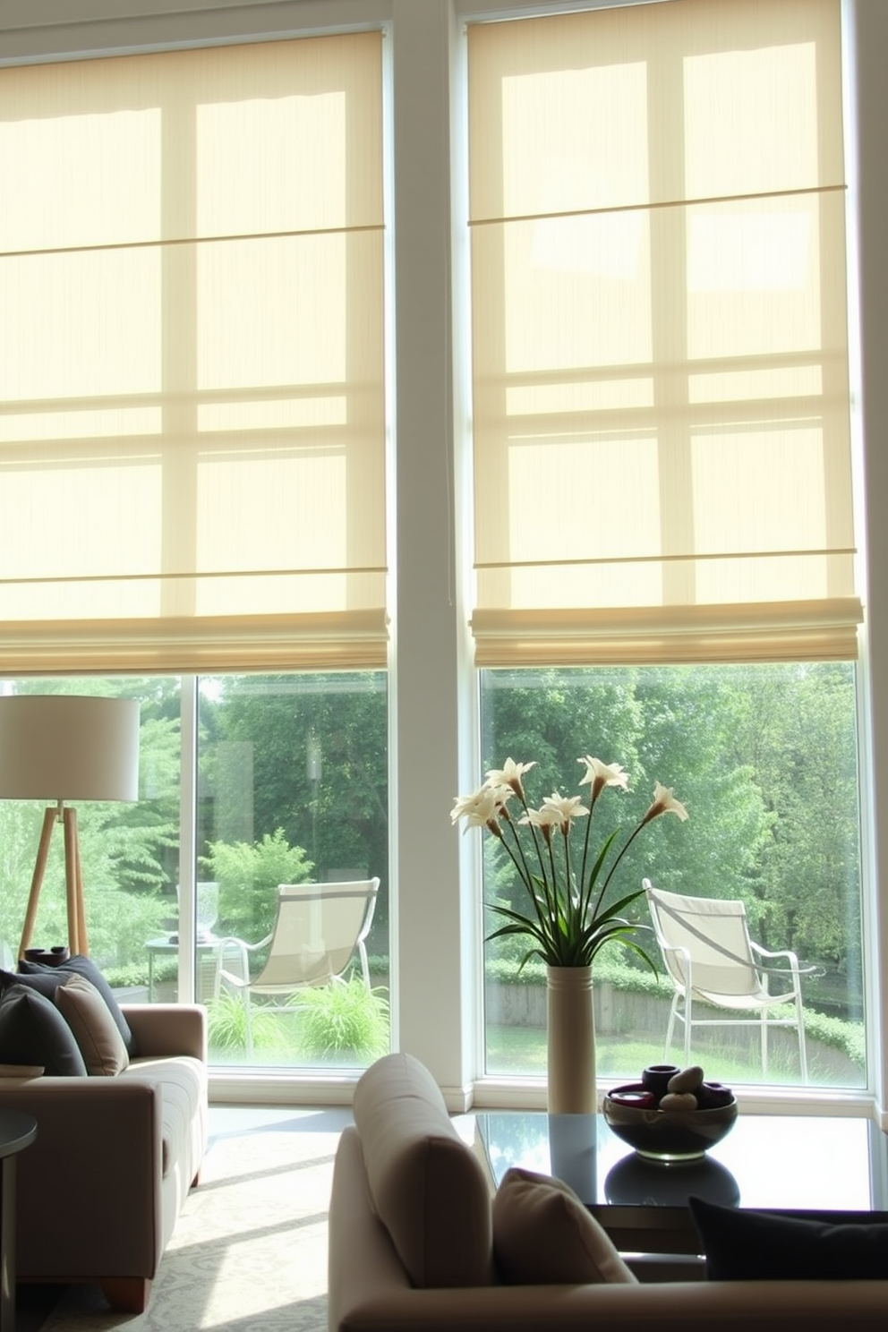 A modern living room featuring large windows adorned with elegant Roman shades that create a streamlined and sophisticated atmosphere. The shades are in a soft, neutral fabric that complements the room's color palette, allowing natural light to filter in gently.