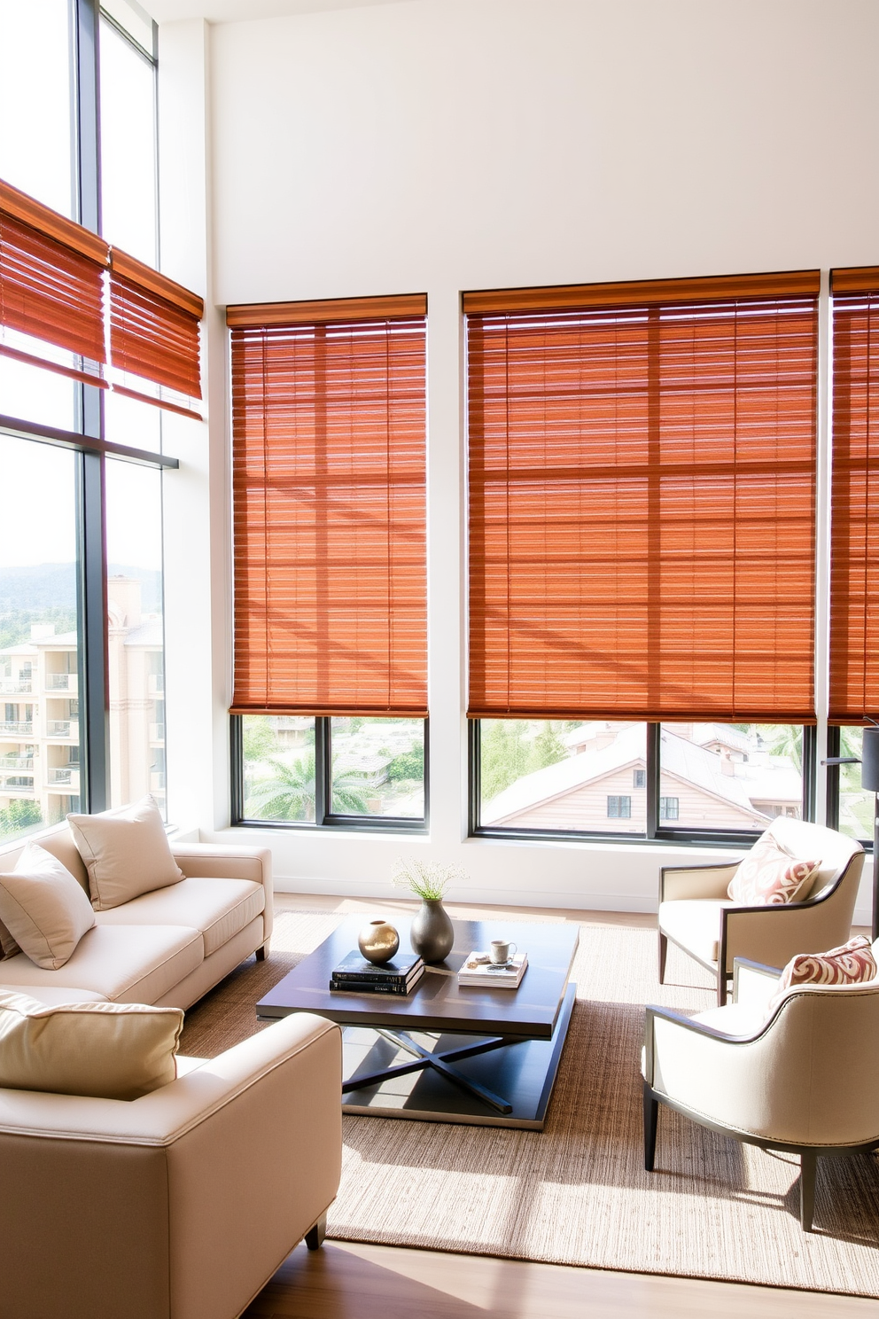 A contemporary living room featuring large windows adorned with faux wood blinds that enhance the modern aesthetic. The blinds are a warm tone that complements the sleek furnishings and adds texture to the space. Natural light floods the room, highlighting a cozy seating area with a plush sofa and stylish accent chairs. A minimalist coffee table sits in the center, surrounded by decorative elements that reflect a sophisticated design sensibility.