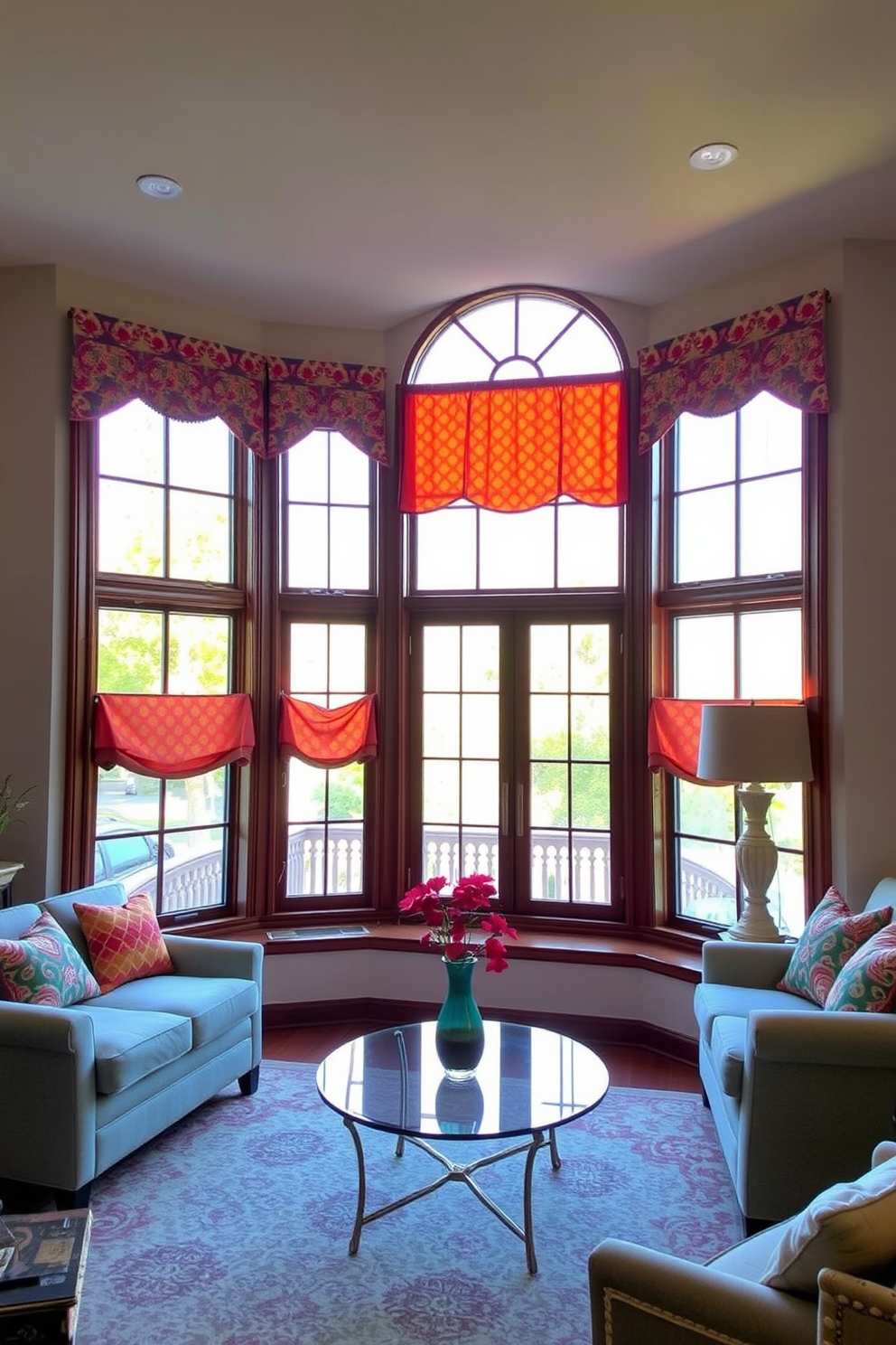 A vibrant living room features large windows adorned with colorful valances that add a lively touch to the space. The valances are designed in bold patterns, complementing the overall decor while enhancing the natural light streaming in.