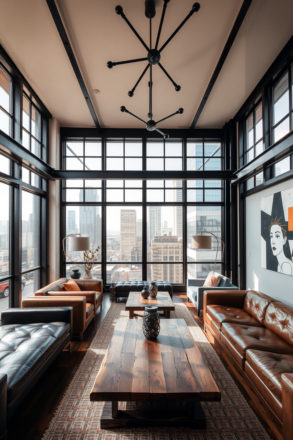 A modern living room featuring industrial-style metal frames that enhance the urban vibe. Large windows allow natural light to flood the space while showcasing the cityscape outside. The furniture includes a mix of sleek leather sofas and reclaimed wood coffee tables. Accent pieces like metal light fixtures and abstract art complete the stylish, contemporary look.