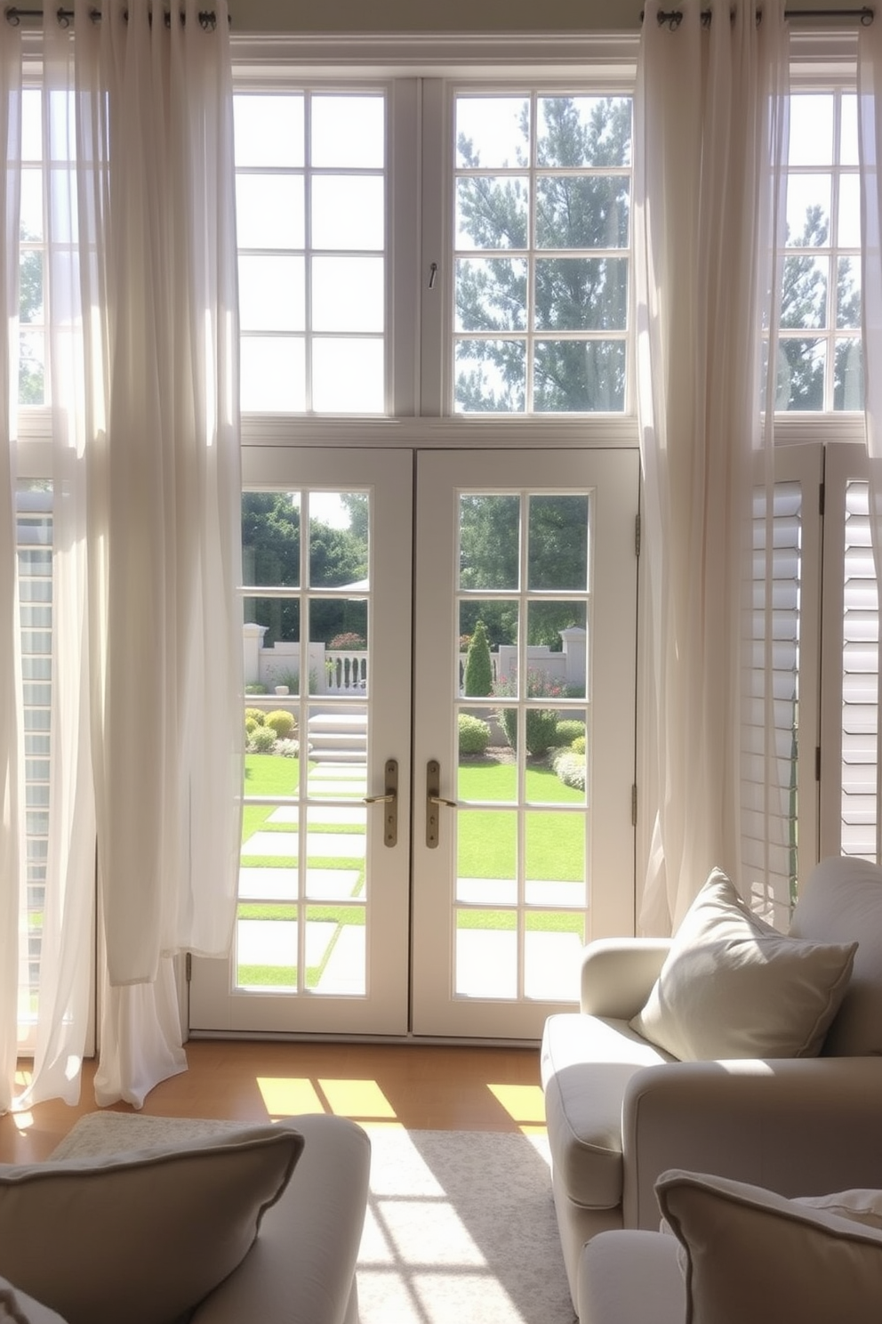 A bright and airy living room features elegant French doors that open up to a beautifully landscaped outdoor space. The doors are framed by sheer white curtains that flutter gently in the breeze, allowing natural light to flood the room. The windows are adorned with custom-designed wooden shutters, providing both style and functionality. Soft, neutral tones dominate the decor, complemented by plush furnishings that invite relaxation and comfort.